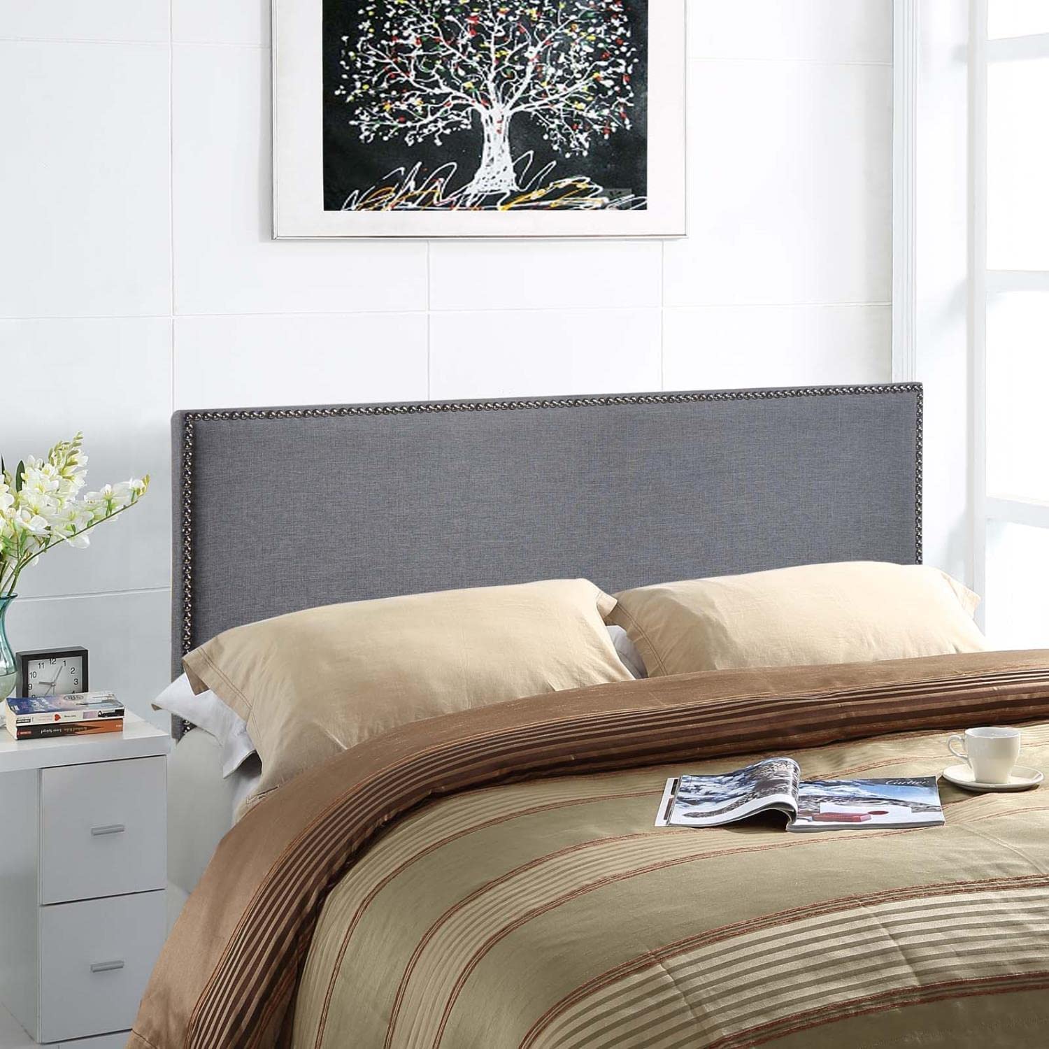 headboards | CasaFoyer  Region Linen Fabric Upholstered Queen Headboard | Spacious & Elegant Design | Particleboard & Solid Wood Construction | Stylish Nailhead Trim | casafoyer.myshopify.com
