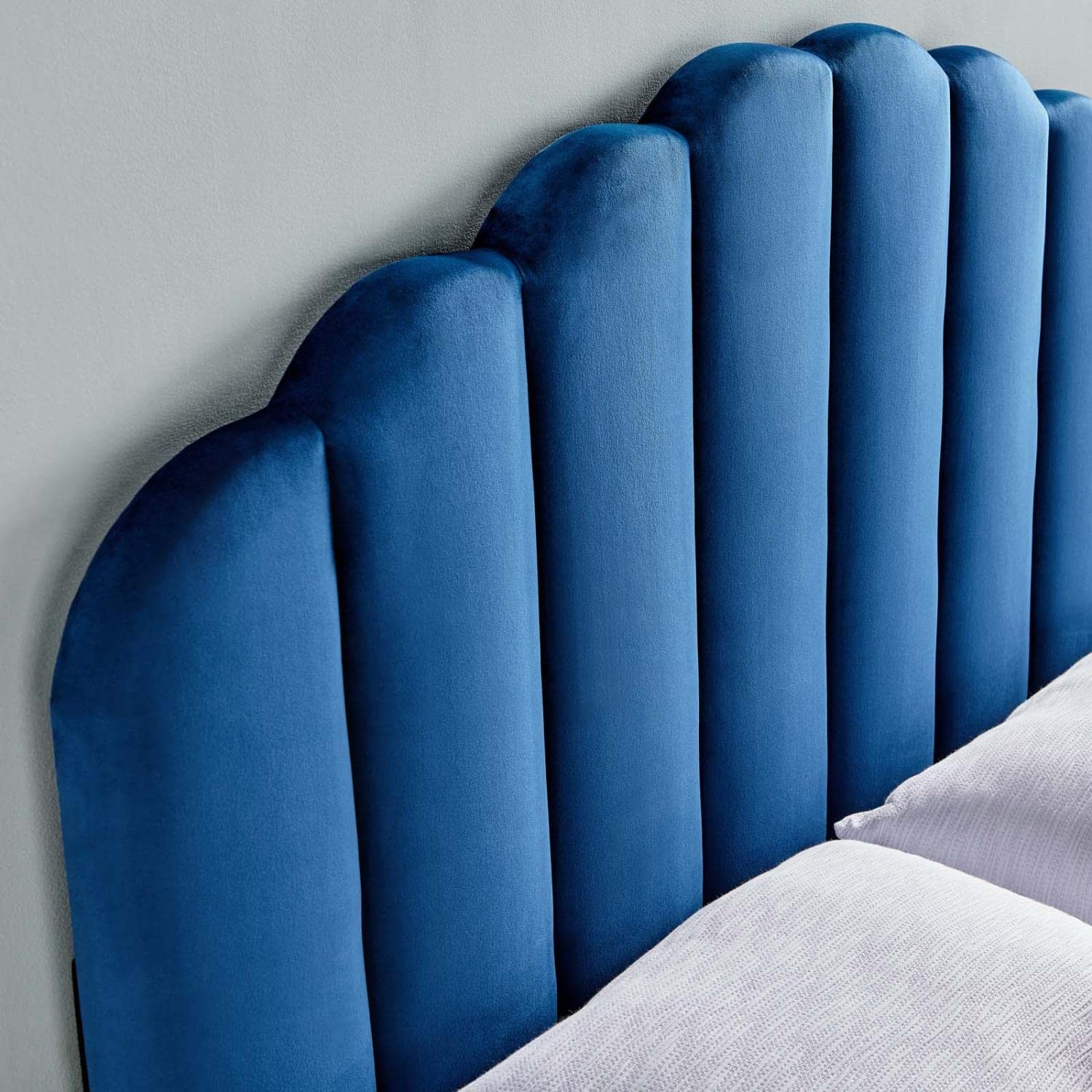 Bed | CasaFoyer Veronique Channel Tufted Scalloped Performance Velvet King/California King Headboard | Stain-Resistant Upholstery | Adjustable Mounting Positions | Navy | casafoyer.myshopify.com