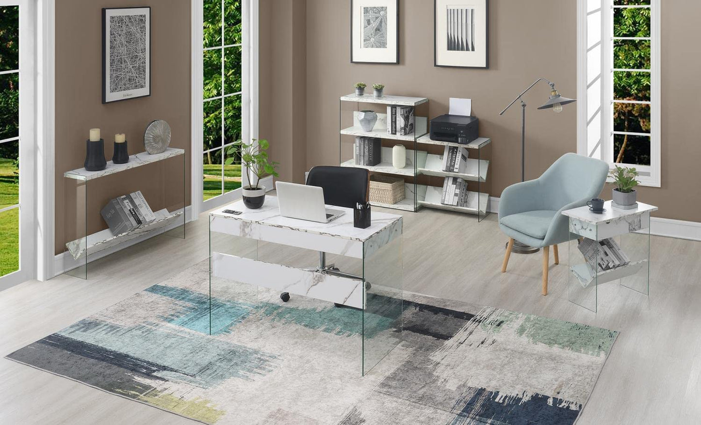 TABLE | Ergode SoHo V Console Table with Shelf | Contemporary Design | Glass Frame | Floating Shelves | Durable Honeycomb Particle Board | Easy Maintenance | casafoyer.myshopify.com