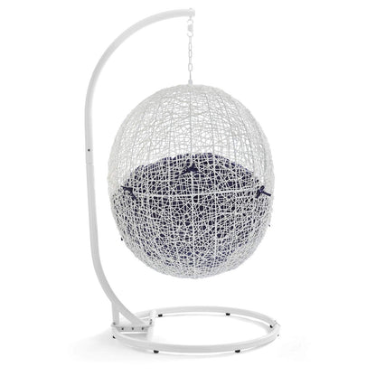 porch swings | Ergode Hide Swing Chair with Stand | Synthetic Rattan | Sunbrella Cushion | Powder-Coated Steel Frame | Patio, Backyard, Porch, Poolside Decor | Indoor Lounge, Living, Bedroom | Weather & UV Resistant | White Navy | casafoyer.myshopify.com