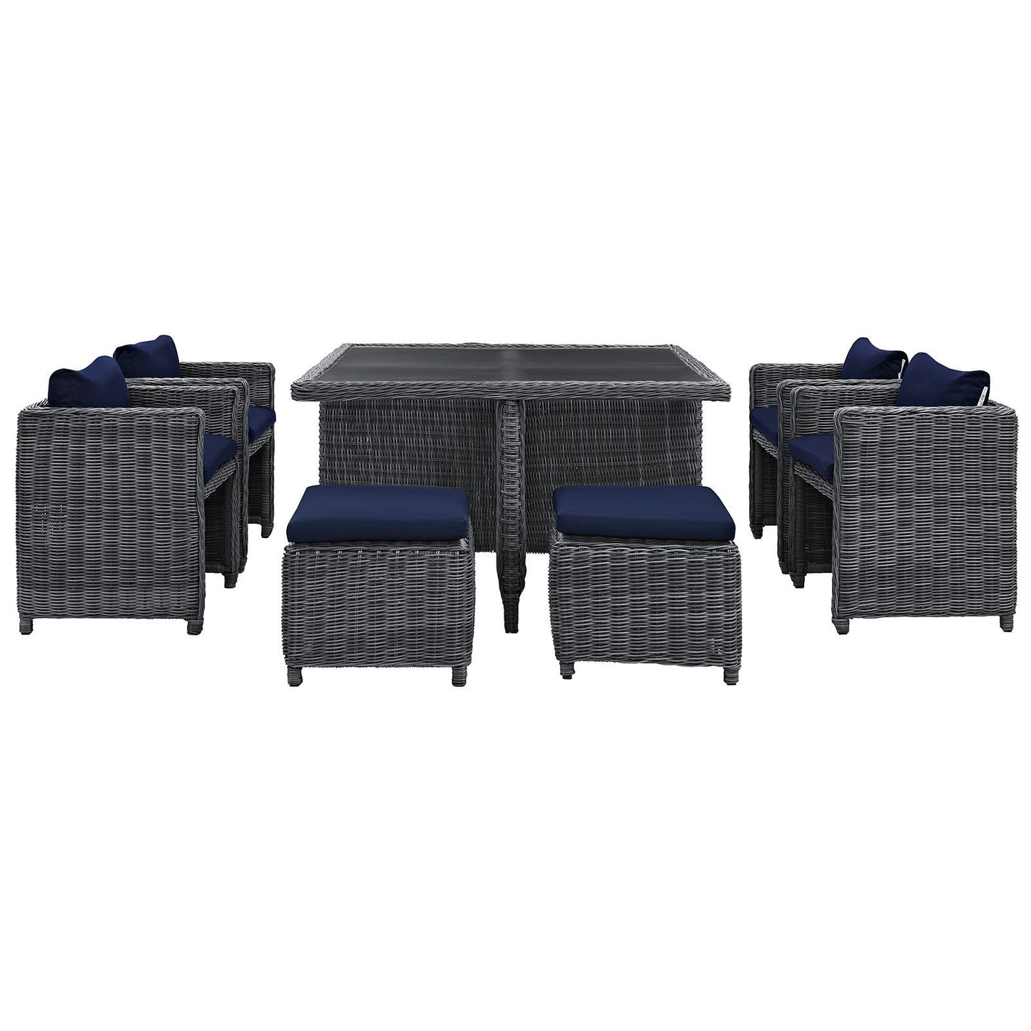Patio Furniture Sets | Summon Outdoor Patio Furniture Dining Set | 9 Piece | Sunbrella Fabric | Synthetic Rattan | Aluminum Frame | Navy | casafoyer.myshopify.com