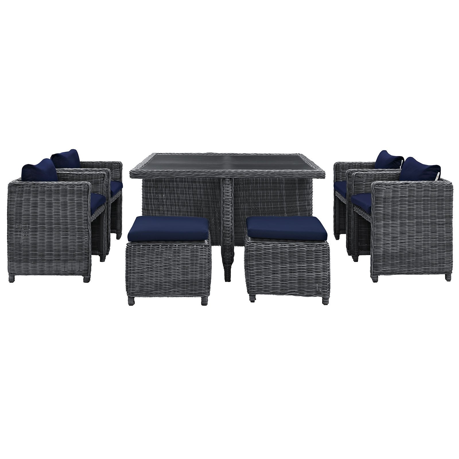 Patio Furniture Sets | Summon Outdoor Patio Furniture Dining Set | 9 Piece | Sunbrella Fabric | Synthetic Rattan | Aluminum Frame | Navy | casafoyer.myshopify.com