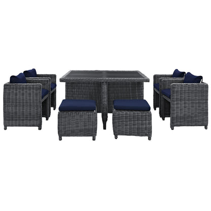 Patio Furniture Sets | Summon Outdoor Patio Furniture Dining Set | 9 Piece | Sunbrella Fabric | Synthetic Rattan | Aluminum Frame | Navy | casafoyer.myshopify.com