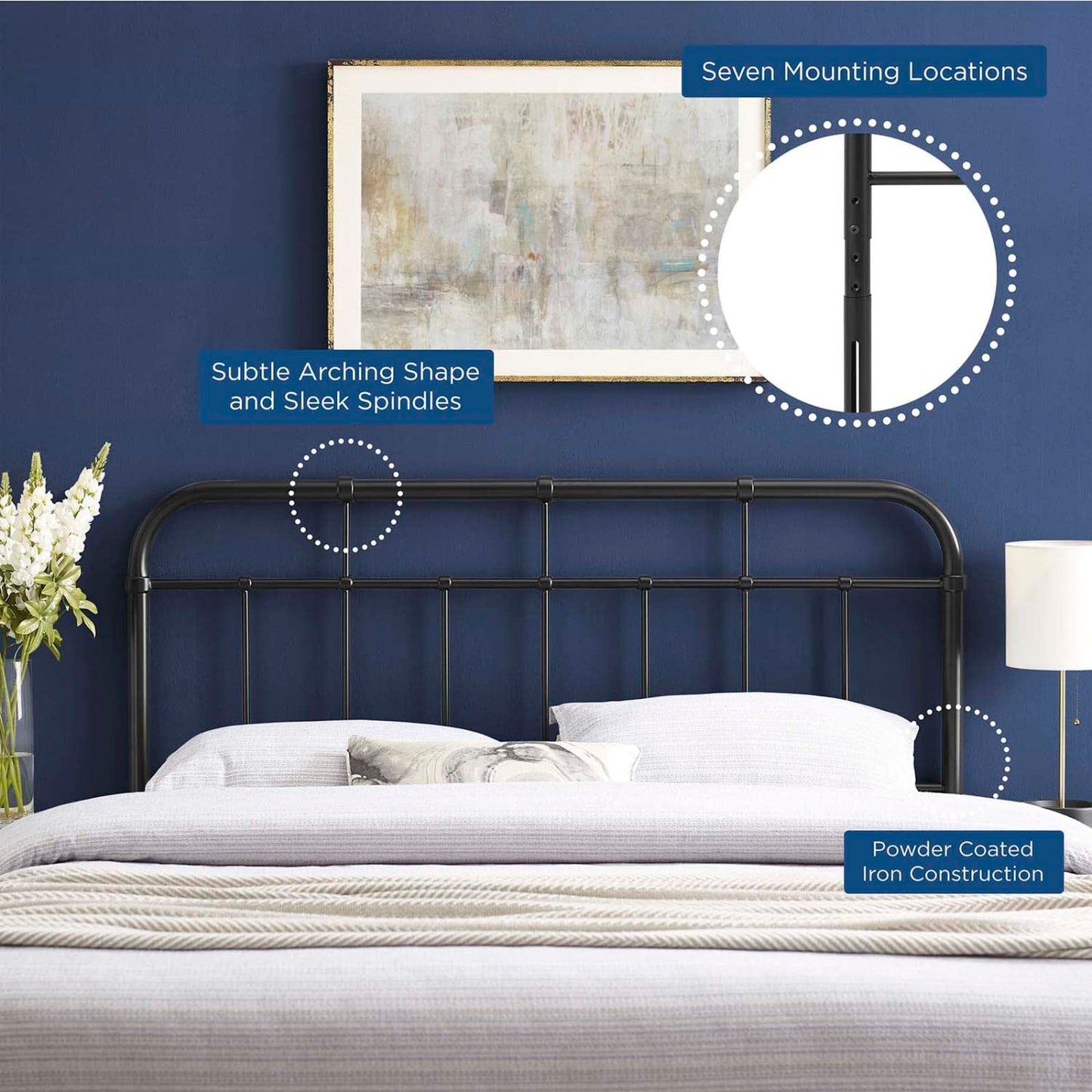 Bed | CasaFoyer Alessia King Metal Headboard | Contemporary Farmhouse Design | Curves & Spindle Detailing | Durable Iron Construction | Height-Adjustable | Black | casafoyer.myshopify.com