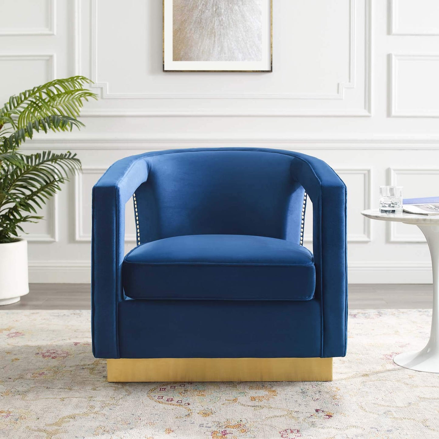 home office desk chairs | CasaFoyer Frolick Performance Velvet Accent Armchair | Stain-Resistant Upholstery | Gold Nailhead Trim | Matte Gold Base | Versatile & Elegant | Supports up to 300 lbs. | casafoyer.myshopify.com