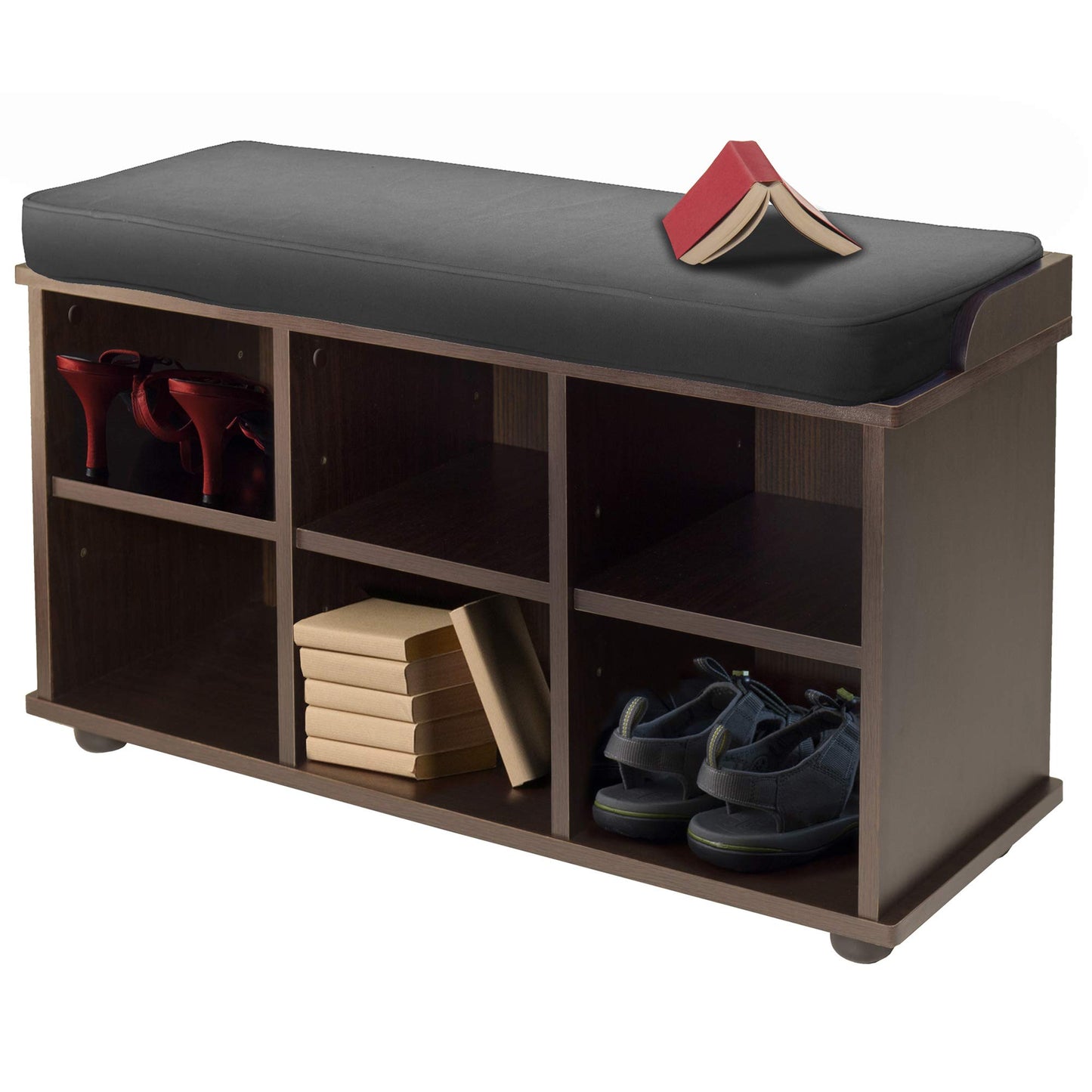 BENCH | Ergode Townsend Bench | Cushion Seat | Shoe Storage | Black & Espresso | Entryway & Bedroom | 32.36W x 11.81D x 1.97 | 6 Storage Sections | Solid & Composite Wood | Assembly Required | 33.7W x 12.52D x 19.17H | 37.35 lbs | casafoyer.myshopify.com