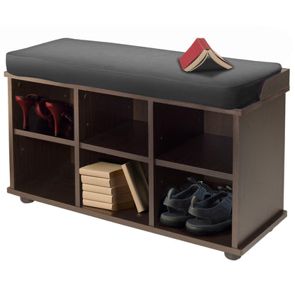 BENCH | Ergode Townsend Bench | Cushion Seat | Shoe Storage | Black & Espresso | Entryway & Bedroom | 32.36W x 11.81D x 1.97 | 6 Storage Sections | Solid & Composite Wood | Assembly Required | 33.7W x 12.52D x 19.17H | 37.35 lbs | casafoyer.myshopify.com