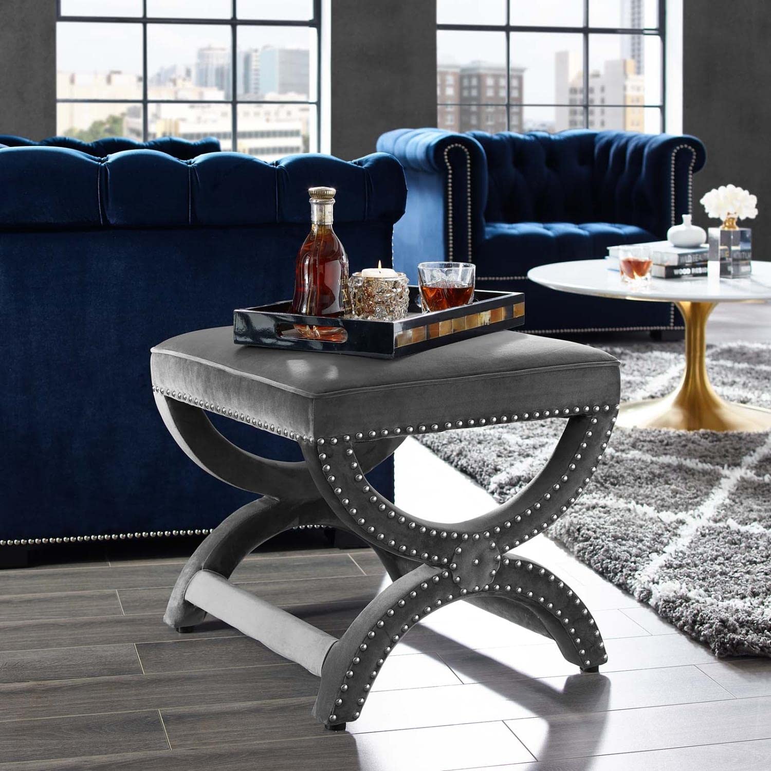 ottomans | CasaFoyer Expound Performance Velvet Ottoman | Elegant Nailhead Buttons | Stain-Resistant Fabric | Dense Foam Padding | Fully Assembled | Ivory | casafoyer.myshopify.com