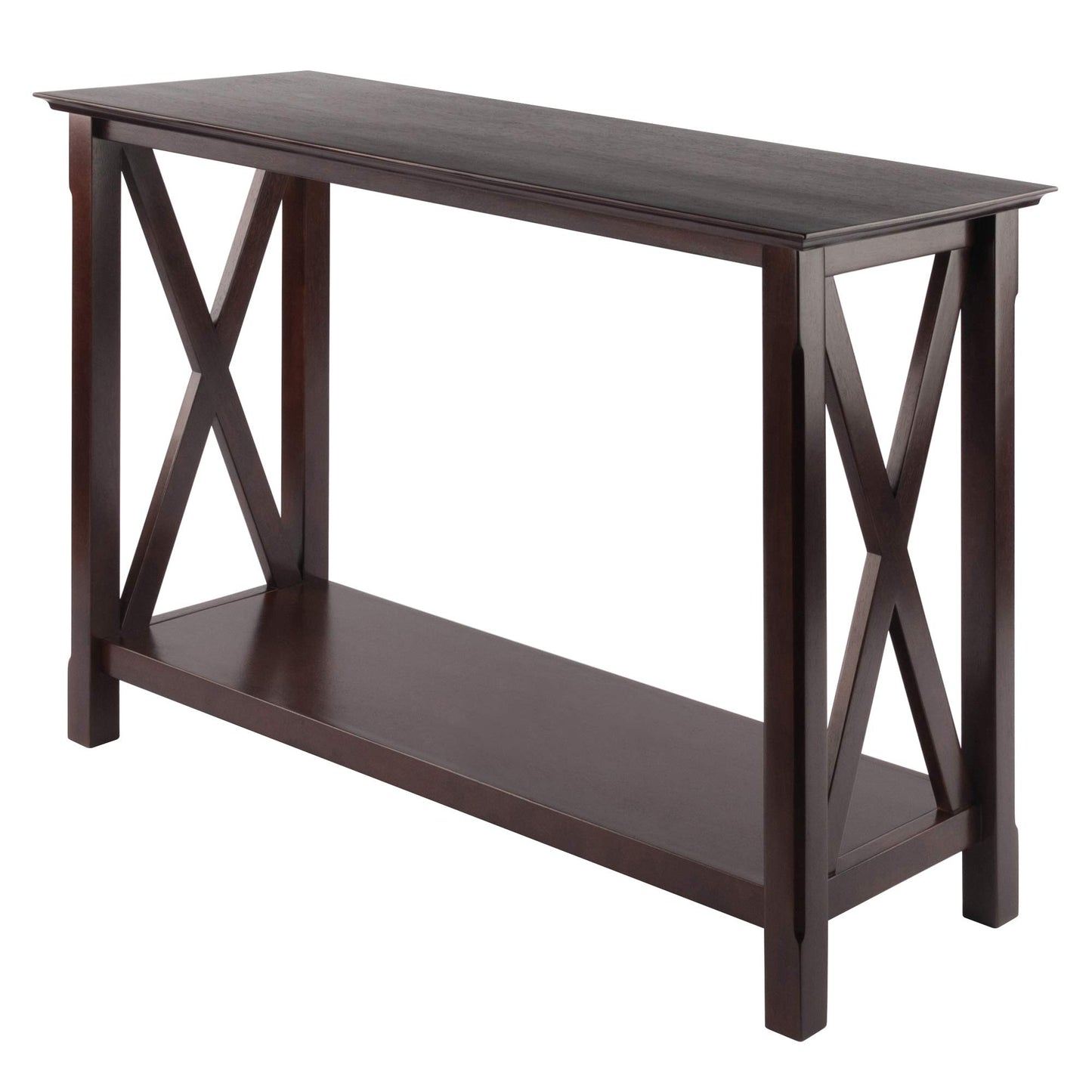 TABLE | Ergode  Wood Xola Console Table | X Cross Design | Cappuccino Finish | Entryway Hall Table | Bottom Shelf | Solid Wood Construction | Easy Assembly | 45 W x 17.09 D x 30 H | 37.48 lbs | casafoyer.myshopify.com