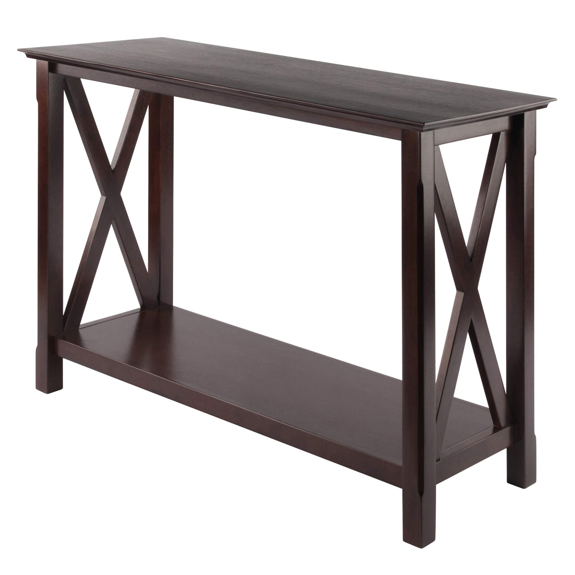 TABLE | Ergode  Wood Xola Console Table | X Cross Design | Cappuccino Finish | Entryway Hall Table | Bottom Shelf | Solid Wood Construction | Easy Assembly | 45 W x 17.09 D x 30 H | 37.48 lbs | casafoyer.myshopify.com