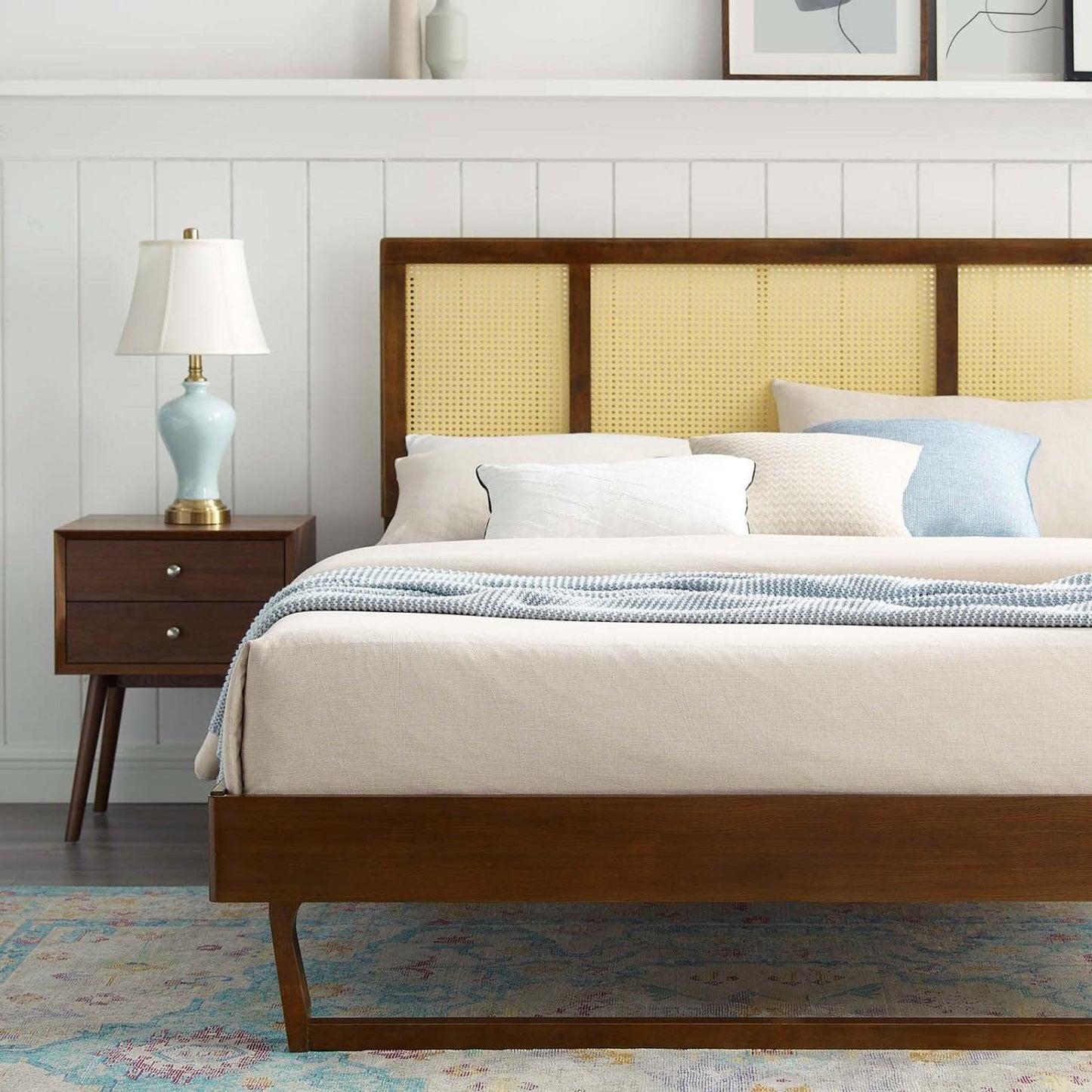 Bed | CasaFoyer Kelsea Woven Cane Rattan Wood Full Platform Bed | Modern Style | Organic Aesthetics | Durable Construction | No Box Spring Needed | Walnut | casafoyer.myshopify.com
