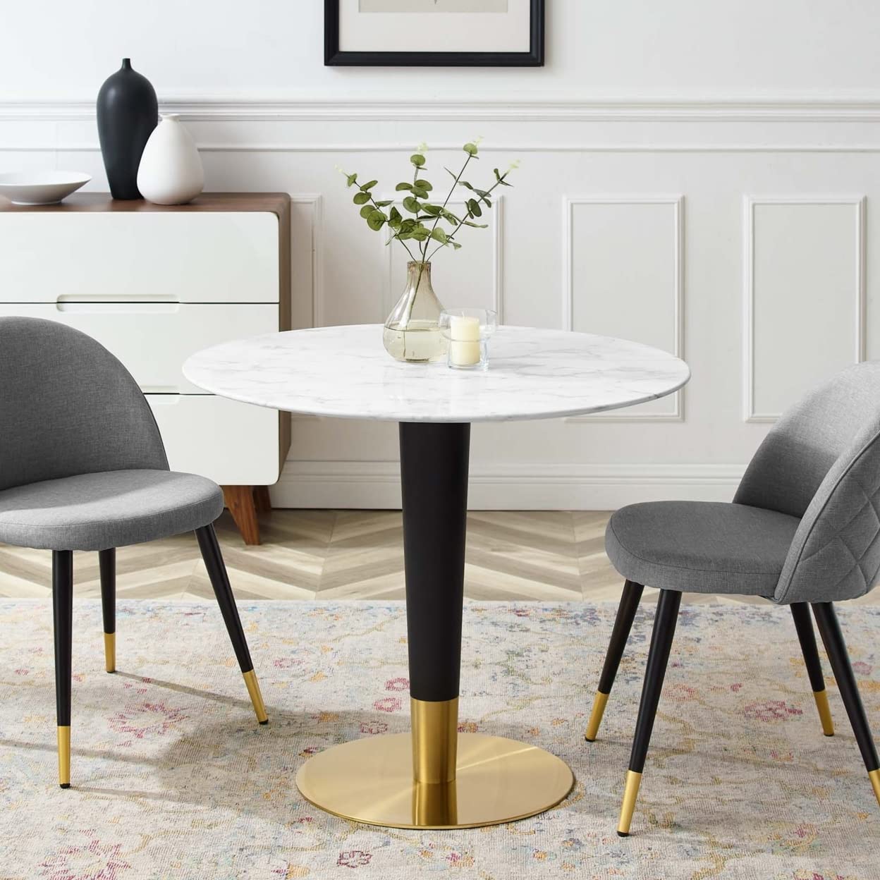 patio dining tables | CasaFoyer Zinque 36 Artificial Marble Dining Table | Stylish Modern Design | Easy to Clean | Black & Gold Tapered Base | Non-Marking Ring | Assembly Required | casafoyer.myshopify.com