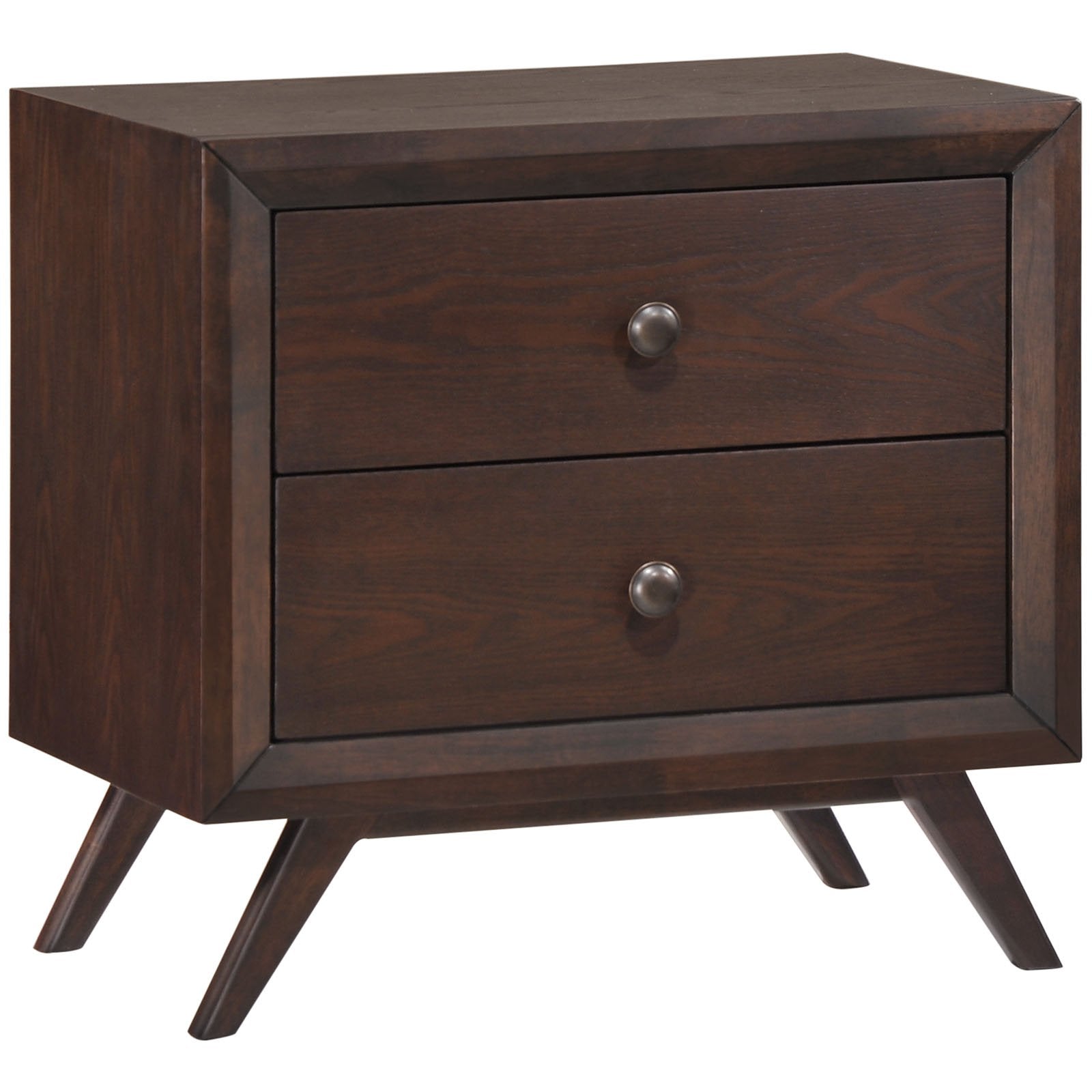 TABLE | CasaFoyer Tracy Vintage Mid-Century Nightstand | Toffee Brown Stained Finish | 2 Drawers | Antique Metal Handles | Sturdy Platform Legs | Easy Assembly & Cleaning | casafoyer.myshopify.com