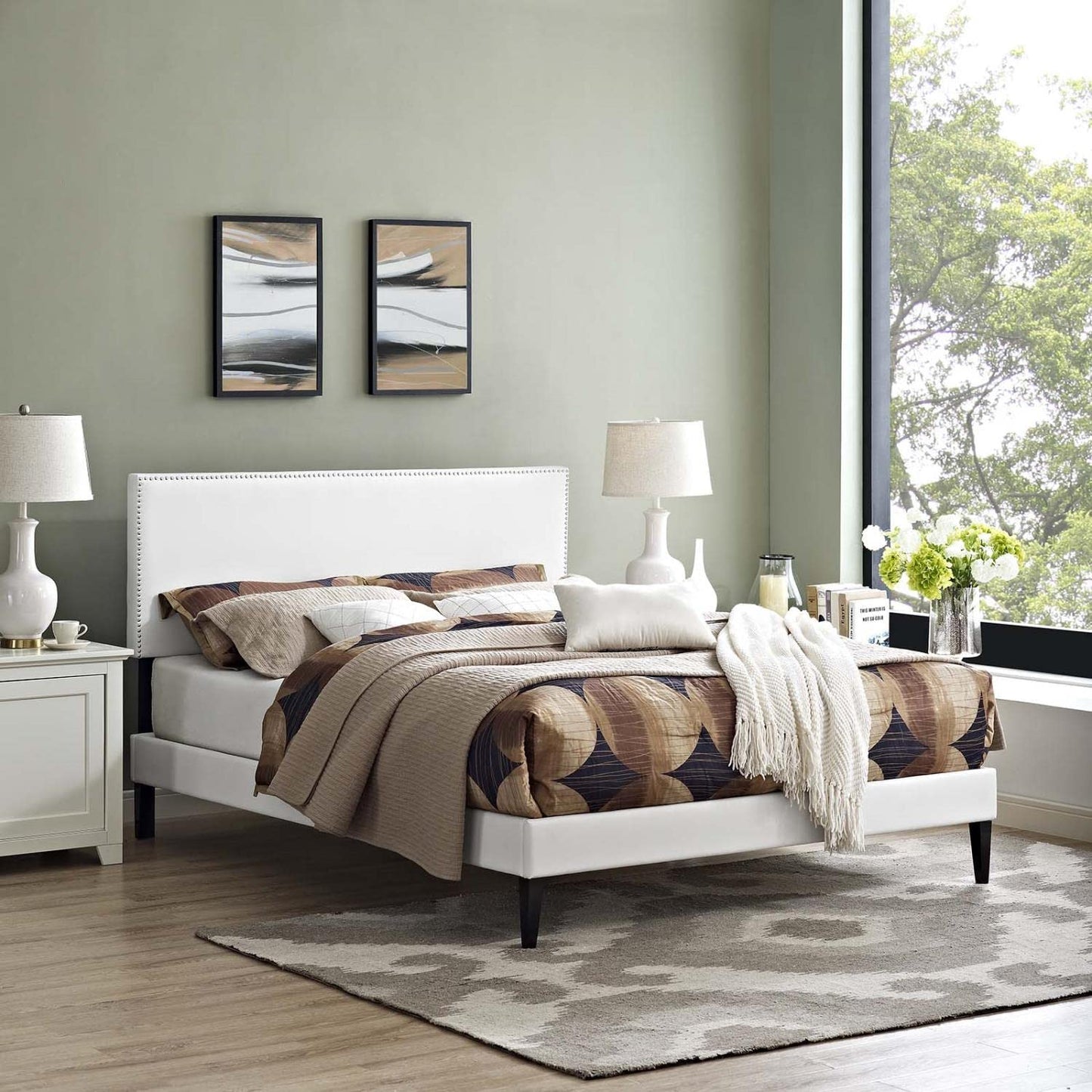 bed frames | CasaFoyer Macie Platform Bed | Solid Wood Frame | Vinyl Upholstery | Tapered Legs | Ideal for Memory Foam Mattresses | Queen Size | White | casafoyer.myshopify.com