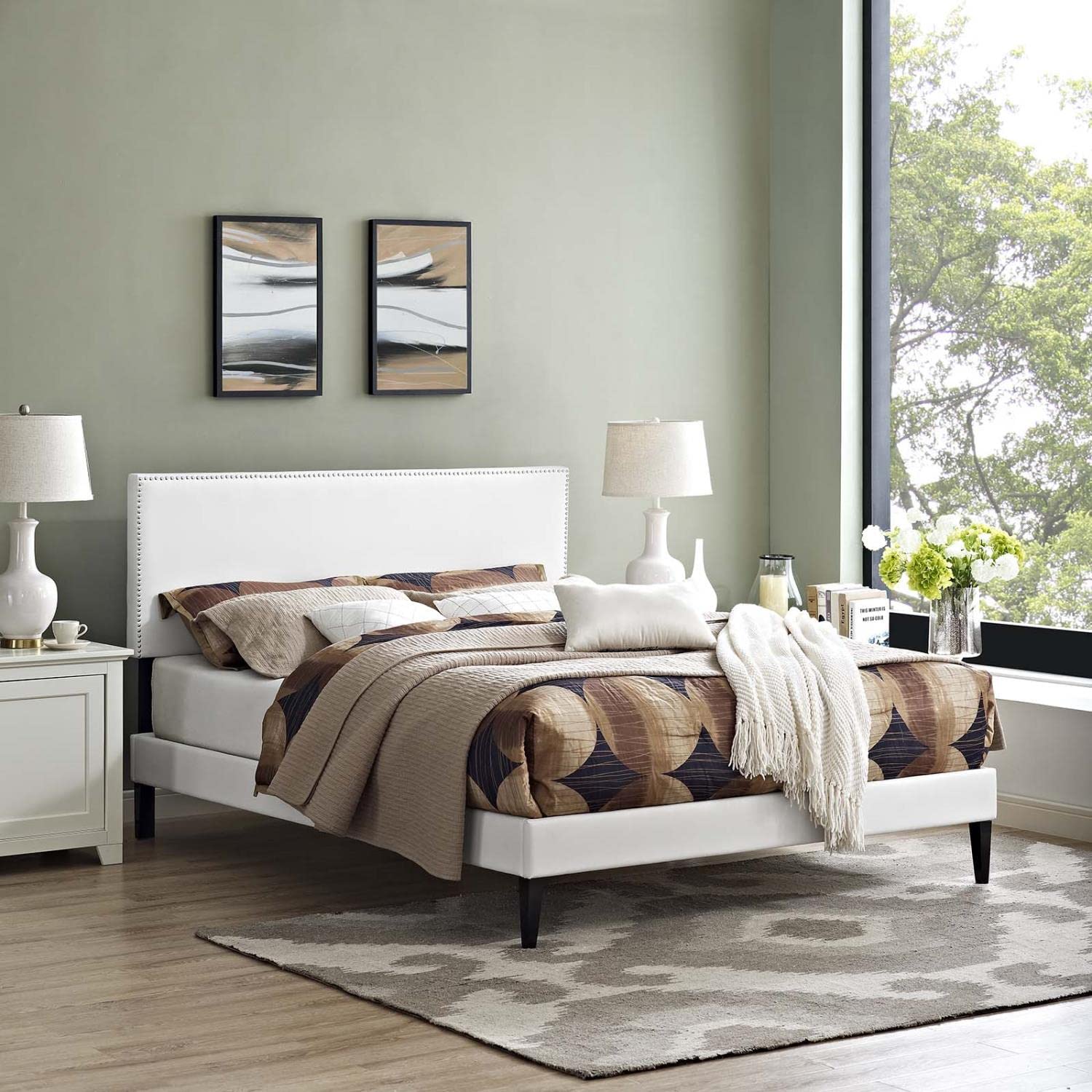 bed frames | CasaFoyer Macie Platform Bed | Solid Wood Frame | Vinyl Upholstery | Tapered Legs | Ideal for Memory Foam Mattresses | Queen Size | White | casafoyer.myshopify.com