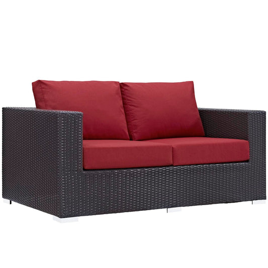 Patio Furniture Sets | Convene Outdoor Sectional Loveseat | Durable Rattan & Aluminum Frame | All-Weather Cushions | Espresso Red | casafoyer.myshopify.com