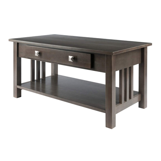 TABLE | Ergode  Wood Stafford Coffee Table | Oyster Gray Finish | Slatted Side Panels | Full-Size Drawer | Lower Shelf | Solid & Composite Wood | casafoyer.myshopify.com