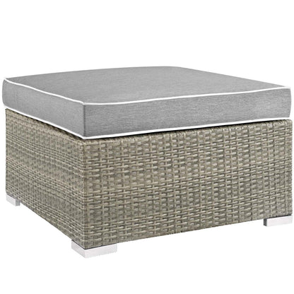 ottomans | CasaFoyer Repose Outdoor Patio Ottoman | Stylish & Comfortable | Tan/Gray Rattan Weave | UV Protection | Plush Cushions | Non-Marking Foot Pads | 331lb Capacity | casafoyer.myshopify.com
