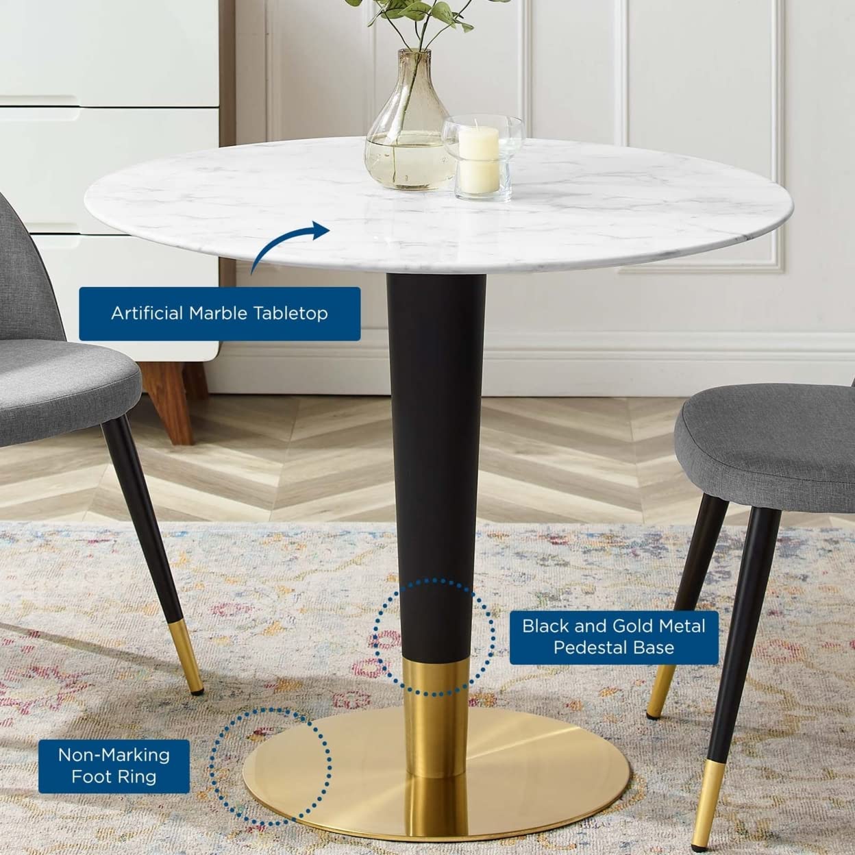 patio dining tables | CasaFoyer Zinque 36 Artificial Marble Dining Table | Stylish Modern Design | Easy to Clean | Black & Gold Tapered Base | Non-Marking Ring | Assembly Required | casafoyer.myshopify.com