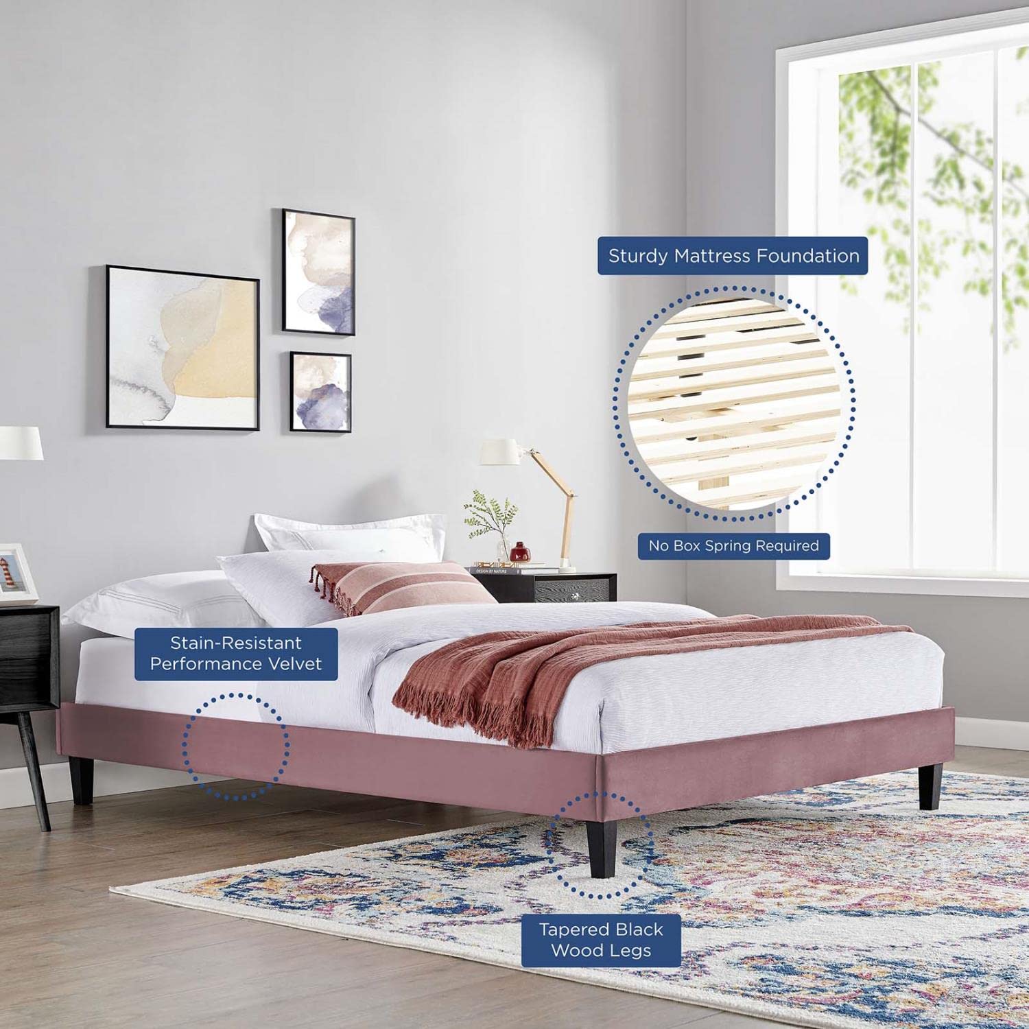 adjustable bed bases | CasaFoyer Reign Performance Velvet King Platform Bed Frame | Stain-Resistant Luxury Upholstered Bed | Poplar Wood Slat Support System | Dusty Rose | casafoyer.myshopify.com