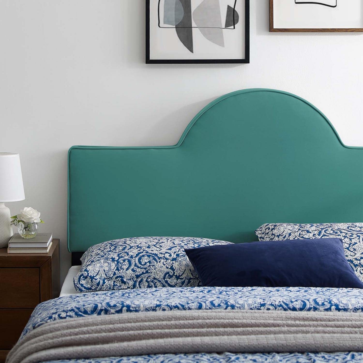 Bed | CasaFoyer Dawn Performance Velvet Full/Queen Headboard | Elegant Curved Design | Stain-Resistant Upholstery | Cushioned & Adjustable | Fits Most Bed Frames | Teal | casafoyer.myshopify.com