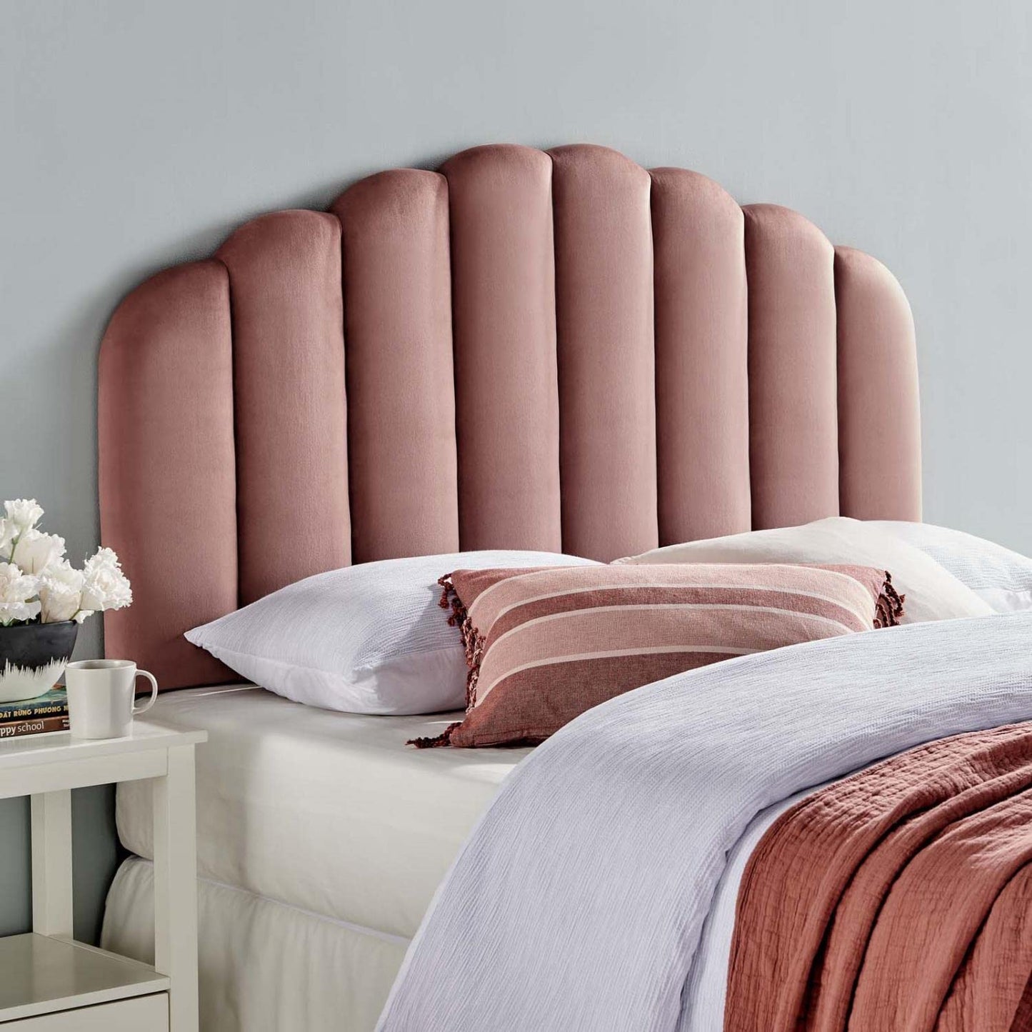 headboards | CasaFoyer Veronique Channel Tufted Scalloped Performance Velvet Full/Queen Headboard | Dusty Rose | casafoyer.myshopify.com