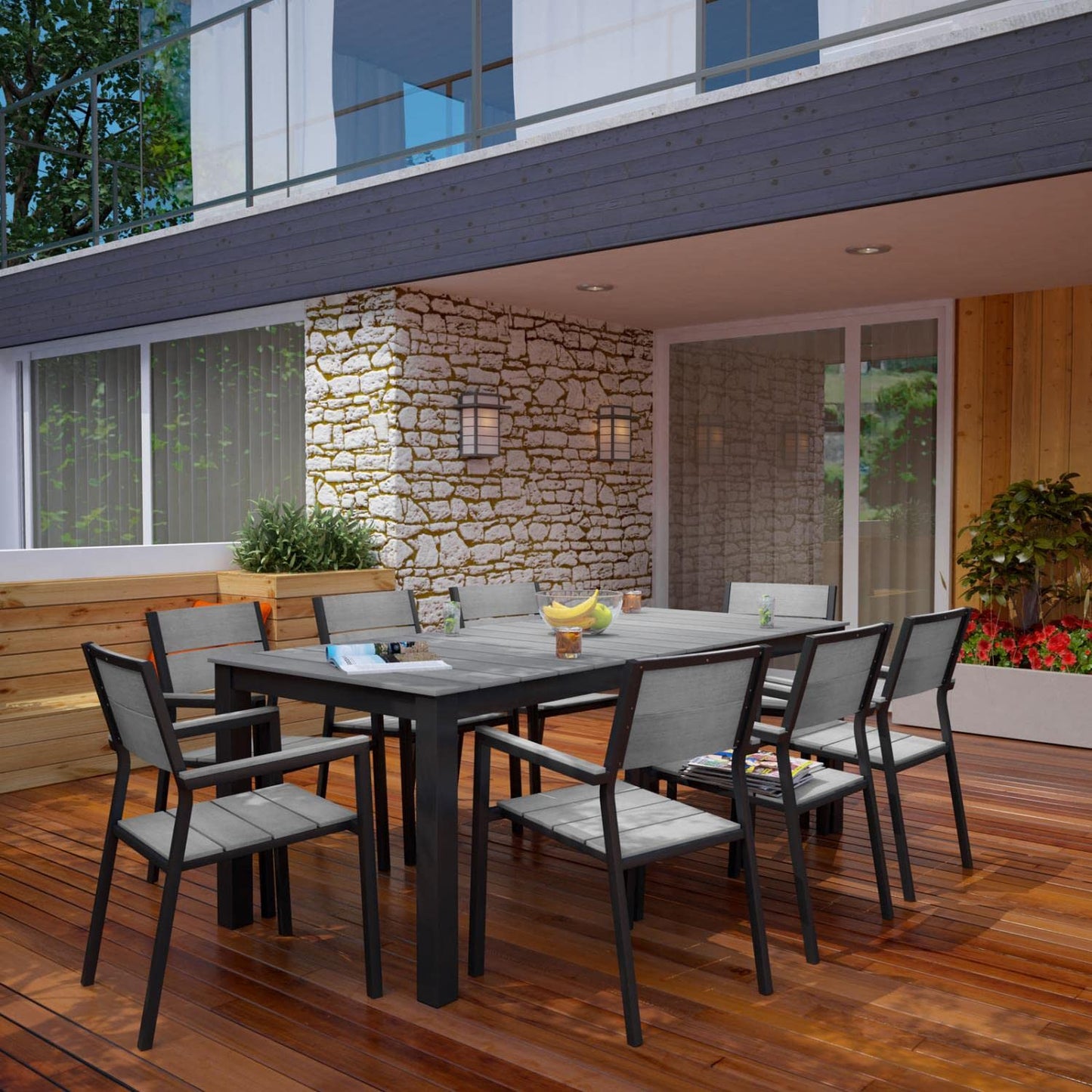 Patio Furniture Sets | Maine Outdoor Patio Dining Furniture Collection | Synthetic Wood Grain Plank Boards | Aluminum Frame | 9 Piece Set | casafoyer.myshopify.com