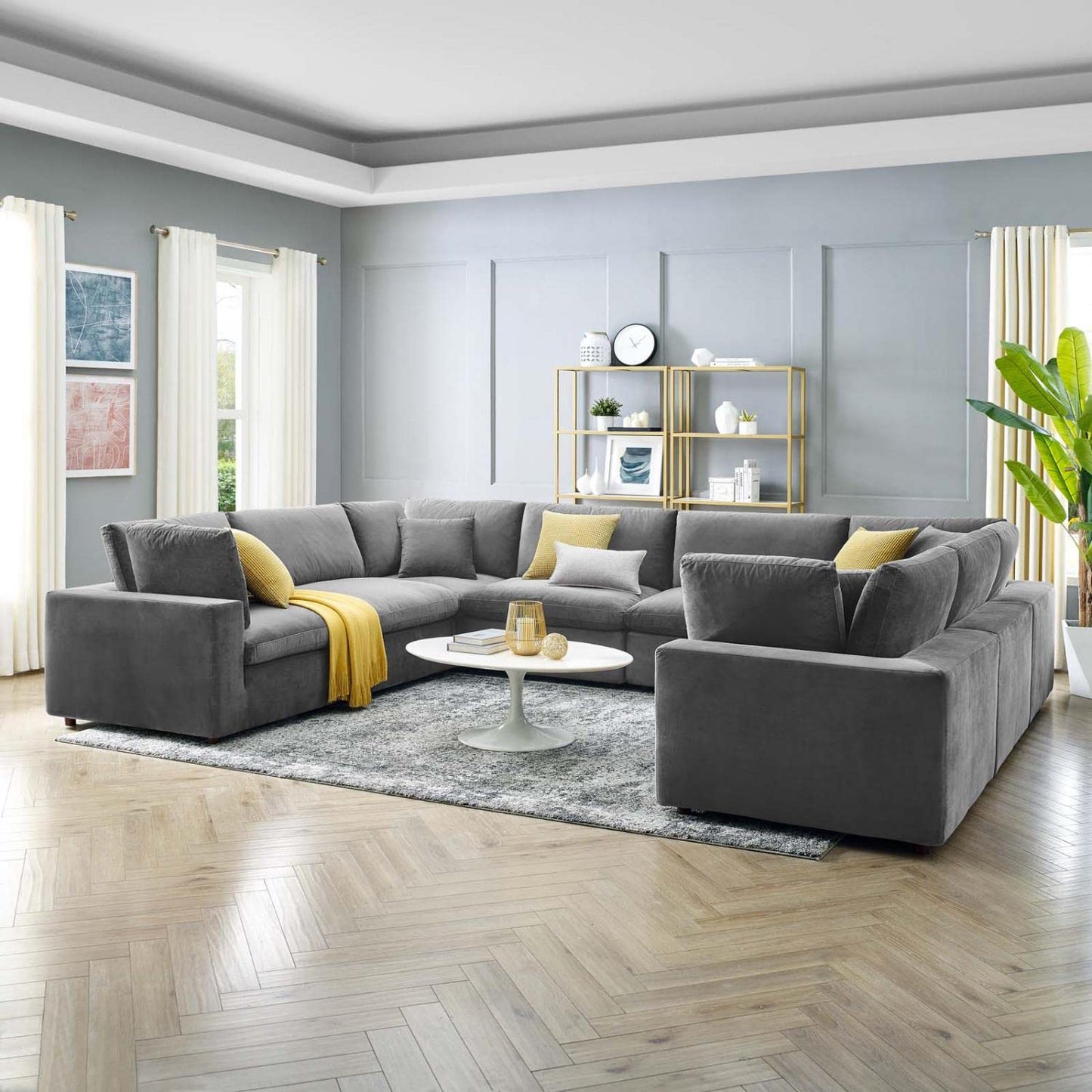 kitchen and dining room sets | CasaFoyer Commix Sectional Sofa | Luxurious & Inviting | Elegant Design | Stain-Resistant Velvet | Solid Wood Construction | Duck Down Cushions | 8-Piece Set in Gray | casafoyer.myshopify.com