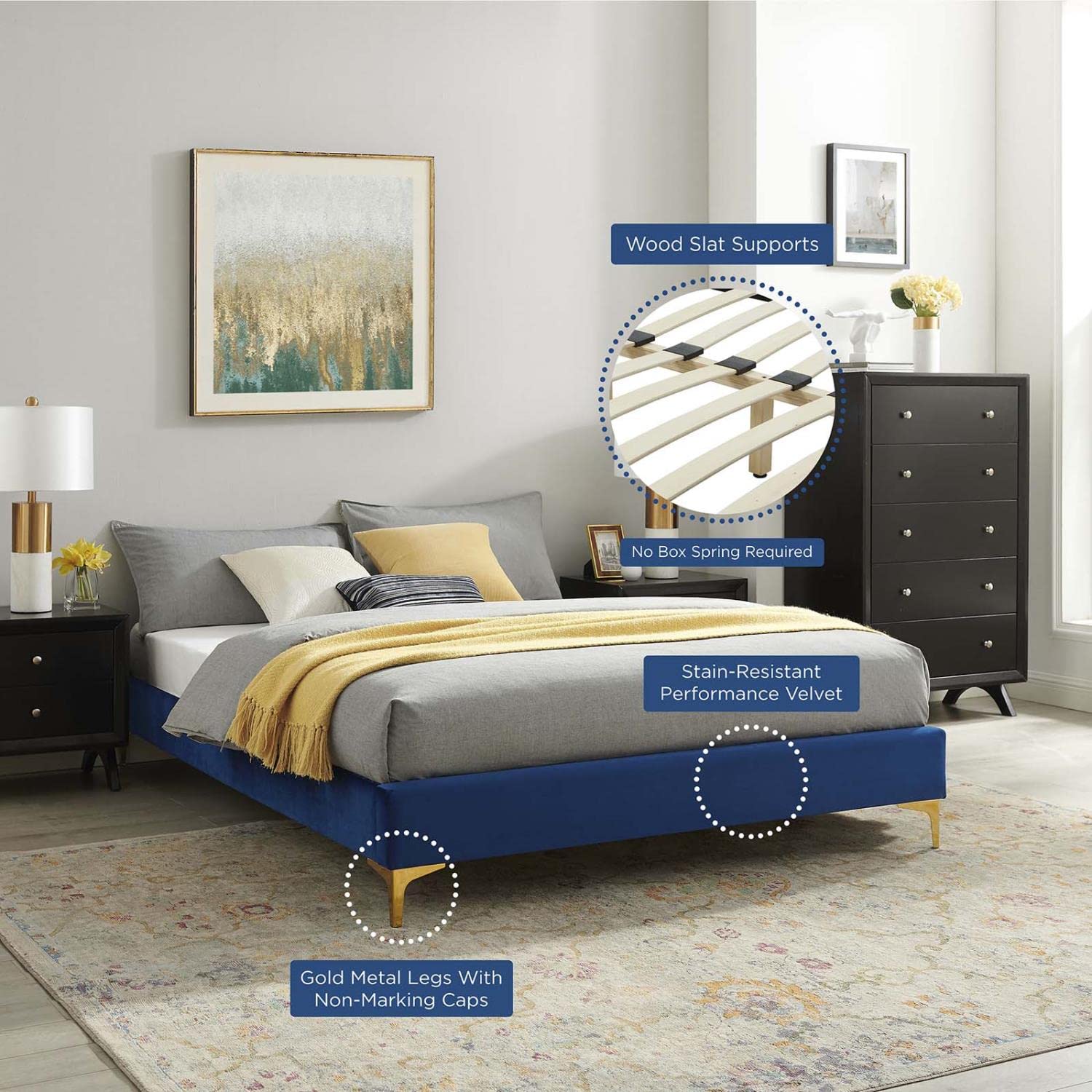 bed frames | CasaFoyer Sutton Performance Velvet King Bed Frame | Stain-Resistant | Durable | Supports Memory Foam, Innerspring, Latex, and Hybrid Mattresses | No Box Spring Needed | Gold Metal Legs | 1600 lbs Weight Capacity | Assembly Required | Navy | casafoyer.myshopify.com