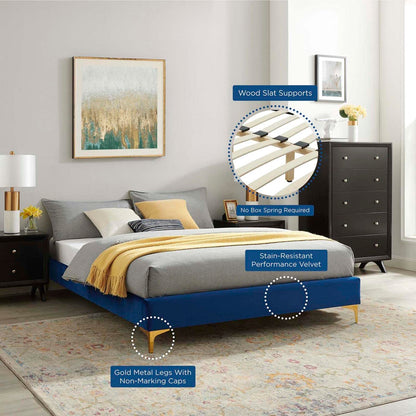 bed frames | CasaFoyer Sutton Performance Velvet King Bed Frame | Stain-Resistant | Durable | Supports Memory Foam, Innerspring, Latex, and Hybrid Mattresses | No Box Spring Needed | Gold Metal Legs | 1600 lbs Weight Capacity | Assembly Required | Navy | casafoyer.myshopify.com
