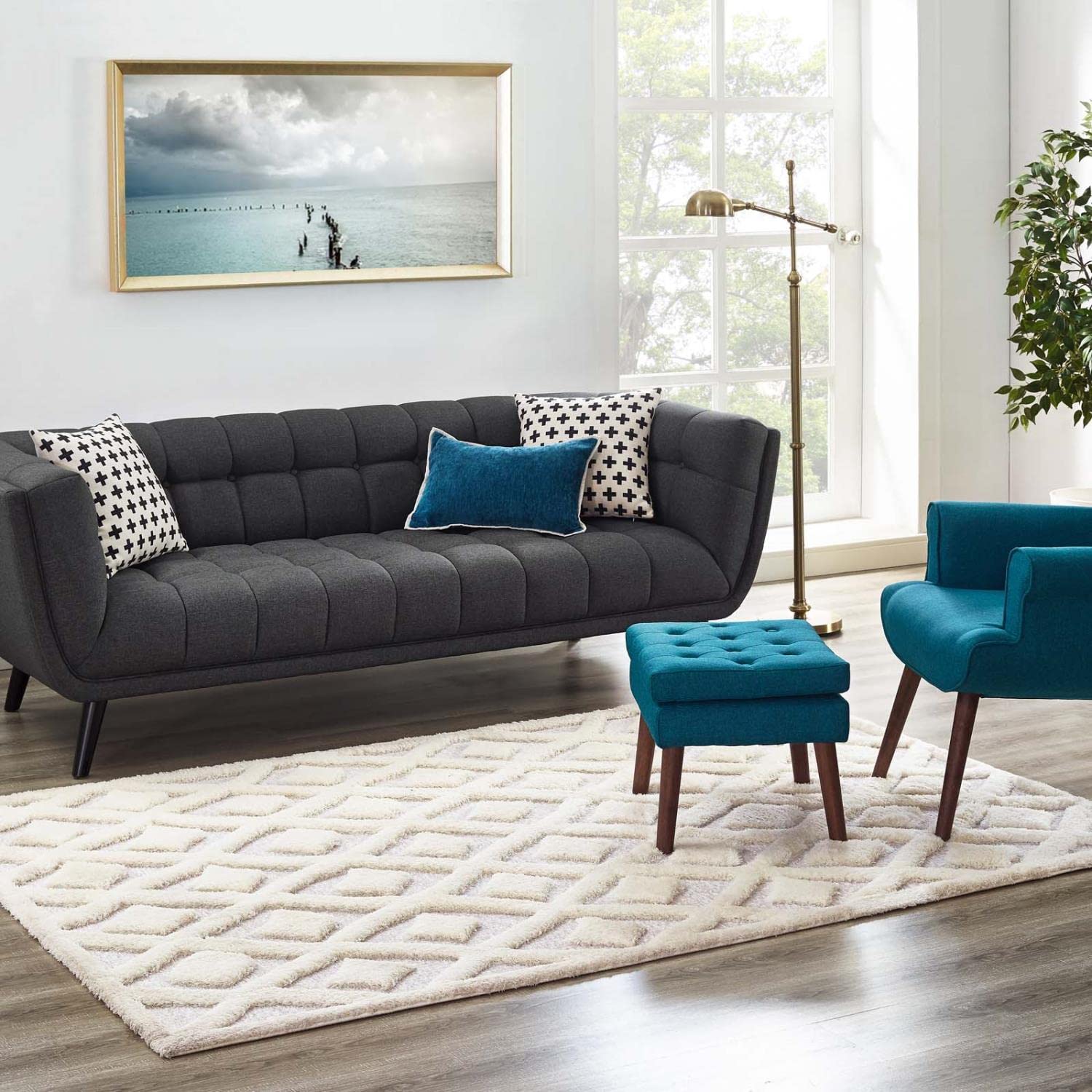 Carpet & Rugs | CasaFoyer Morsel Abstract Diamond Lattice Area Rug | Modern Design | Luxurious Polyester & Chenille Shag | Sturdy Jute Backing | 5x8 Ivory/Light Gray | casafoyer.myshopify.com