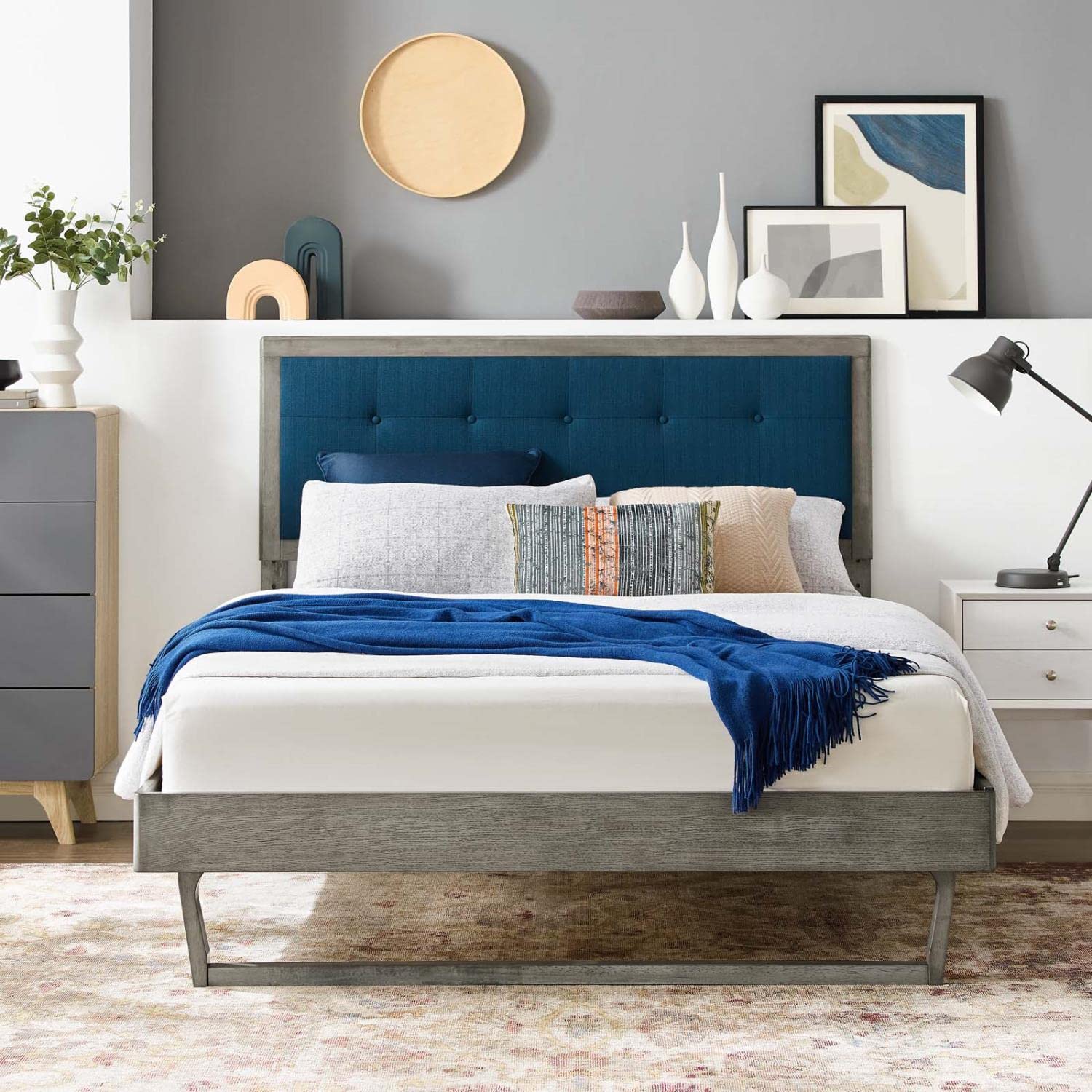 bed frames | CasaFoyer Willow Tufted Wood Queen Platform Bed | Mid-Century Design | Upholstered Headboard | Button Tufted | Sturdy Materials | Wood Slat Support | No Box Spring | 601 lbs Capacity | Gray Azure | casafoyer.myshopify.com