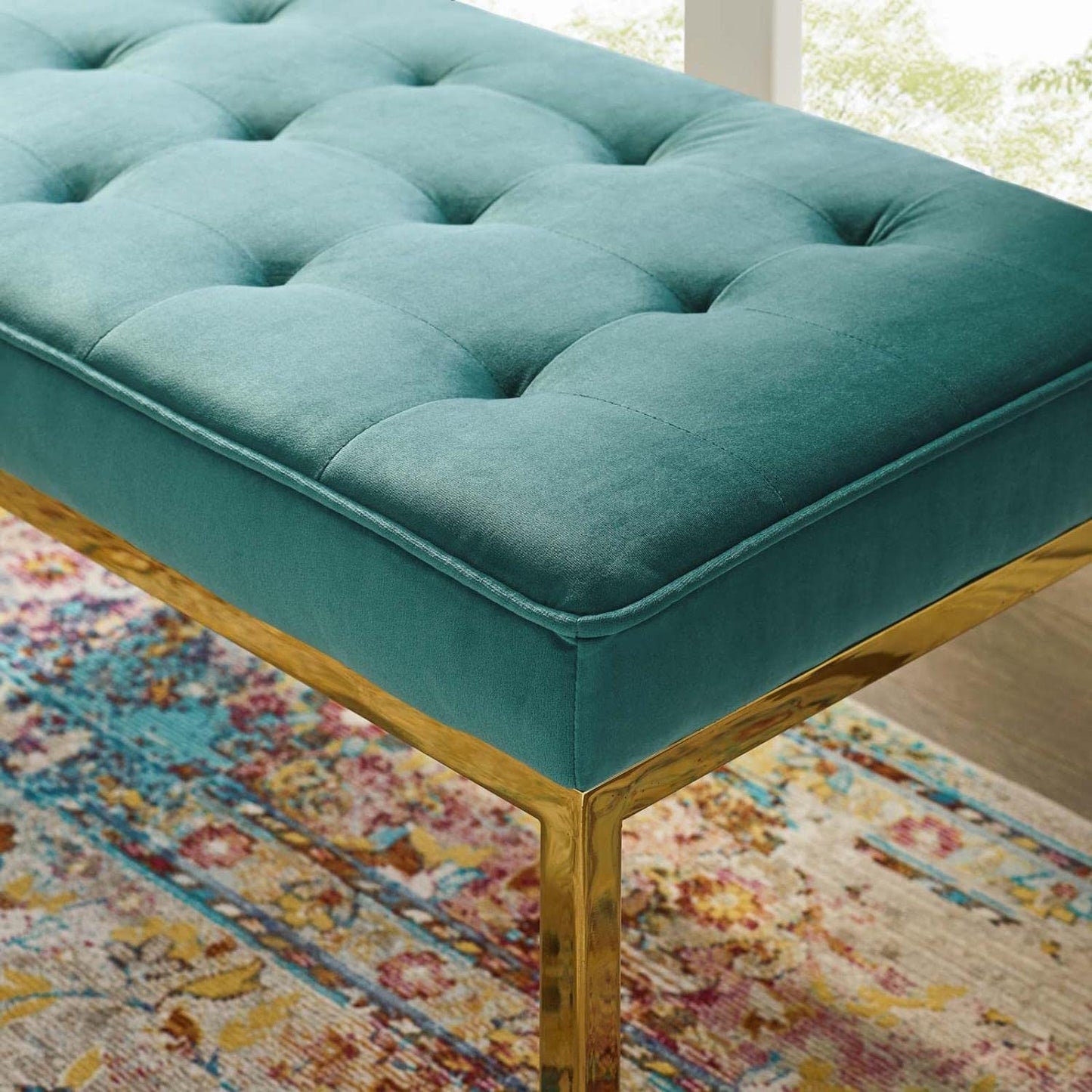 home office desk chairs | CasaFoyer Loft Button Tufted Performance Velvet Accent Bench | Gold Stainless Steel Legs | Medium Size | 300 lb Weight Capacity | casafoyer.myshopify.com