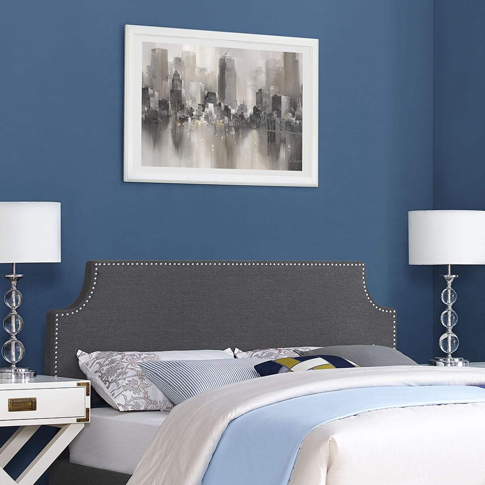 Bed | CasaFoyer  Laura Full Upholstered Fabric Headboard | Sleek Design | Solid Wood Frame | Adjustable Legs | Luxurious Linen Fabric | Gray | casafoyer.myshopify.com