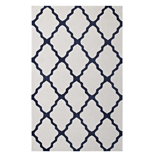 area rugs | CasaFoyer Marja Moroccan Trellis Area Rug | Soft, Elegant Lattice Design | Stain Resistant, Easy to Maintain | 5x8 Size | Ivory & Navy | casafoyer.myshopify.com