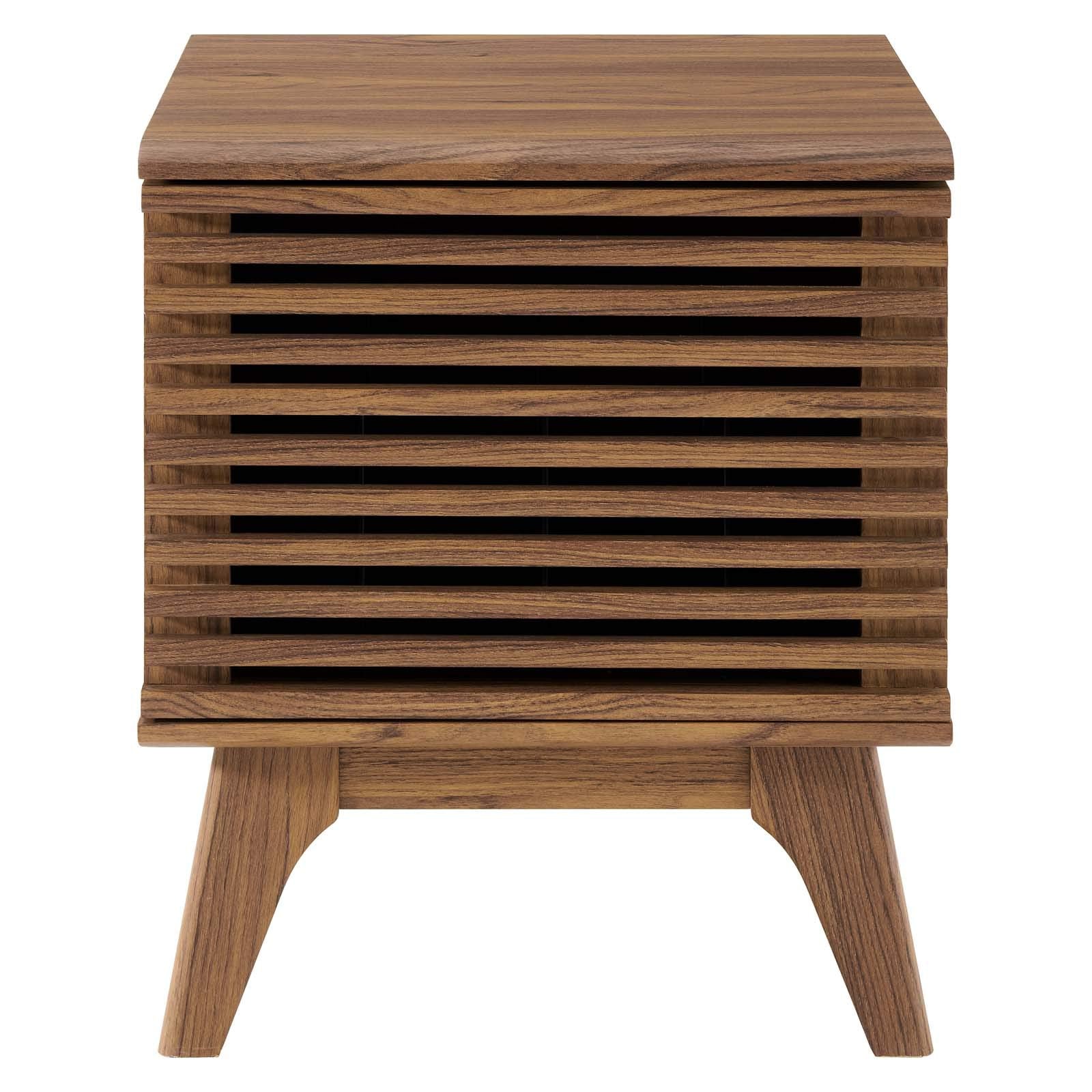 kitchen and dining room sets | CasaFoyer Render Vinyl Record Display Stand | Mid-Century Style | Walnut Grain Laminate | Ample Storage | Metal Dividers | Tapered Wood Legs | casafoyer.myshopify.com