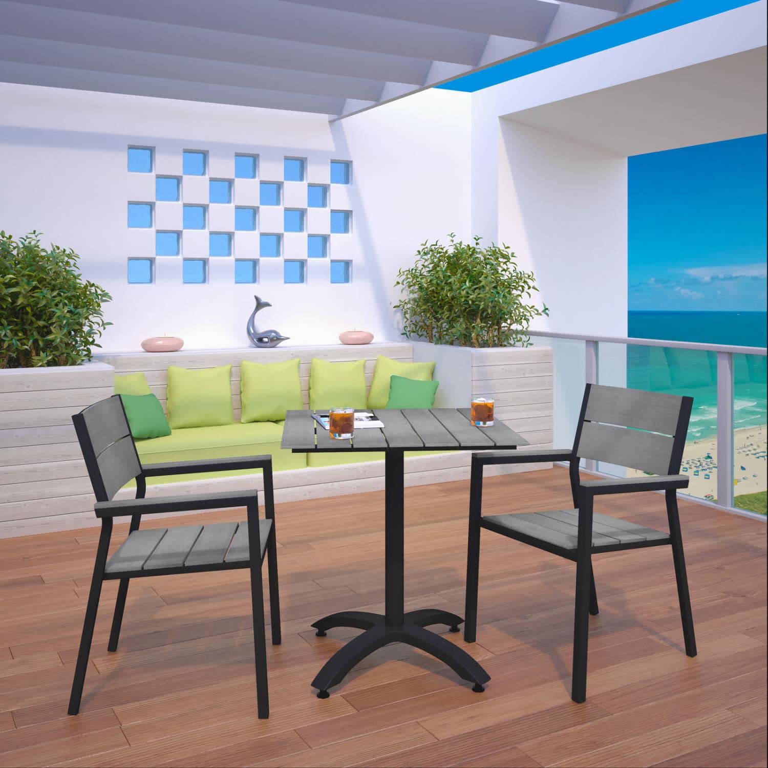 Dining Table | Maine Outdoor Patio Dining Furniture Collection | Synthetic Wood Grain Plank Boards | Powder-Coated Aluminum Frame | Versatile Design | Ideal for Contemporary Patios, Backyards, Poolside | Includes 28 Dining Table & 2 Armchairs | casafoyer.myshopify.com