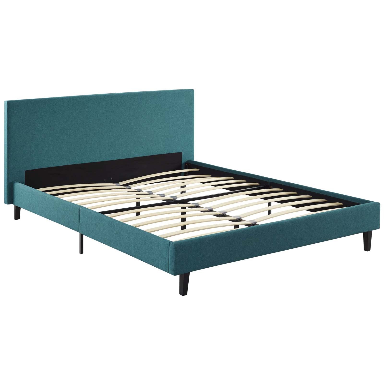 Bed | CasaFoyer Anya Platform Bed | Contemporary Design | Upholstered Polyester Fabric | Solid Wood Legs | Slatted Support System | Full Size Bed | Teal | casafoyer.myshopify.com