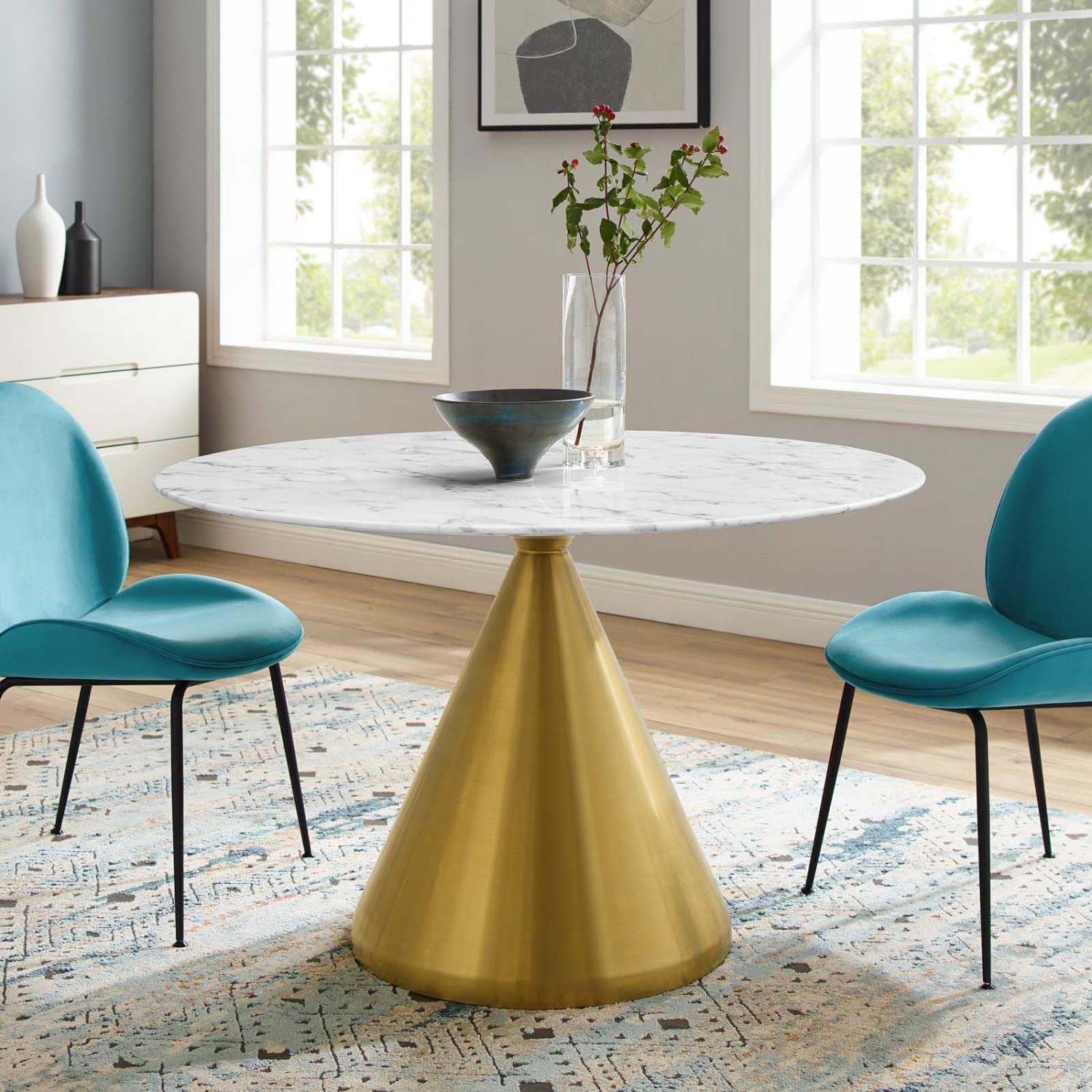 patio dining tables | CasaFoyer Tupelo 47 Dining Table | Modern Style | Mid-Century Charm | Polished Gold Metal Base | Artificial Marble Top | Easy Maintenance | Non-Marking Ring | casafoyer.myshopify.com