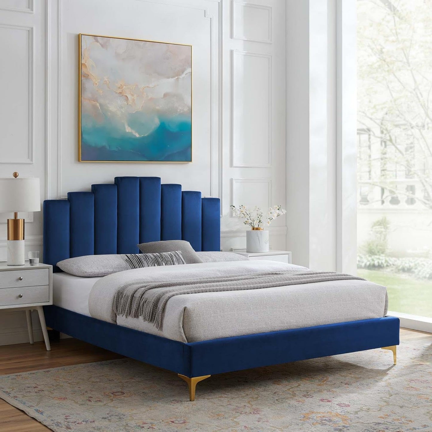 adjustable bed bases | CasaFoyer Elise Performance Velvet Full Platform Bed | Art Deco Style | Gold Metal Legs | Stain-Resistant | Memory Foam Compatible | Easy Assembly | Navy | casafoyer.myshopify.com