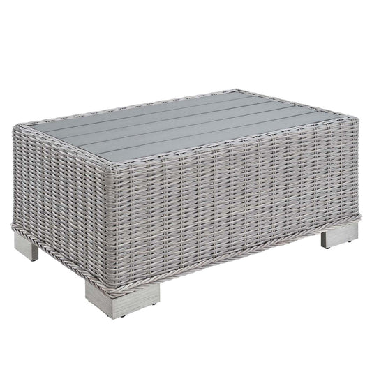 coffee tables | Ergode Conway 32 Outdoor Patio Wicker Rattan Coffee Table - Light Gray | UV-Resistant | Sturdy Aluminum Frame | Stylish Wood-Look | casafoyer.myshopify.com