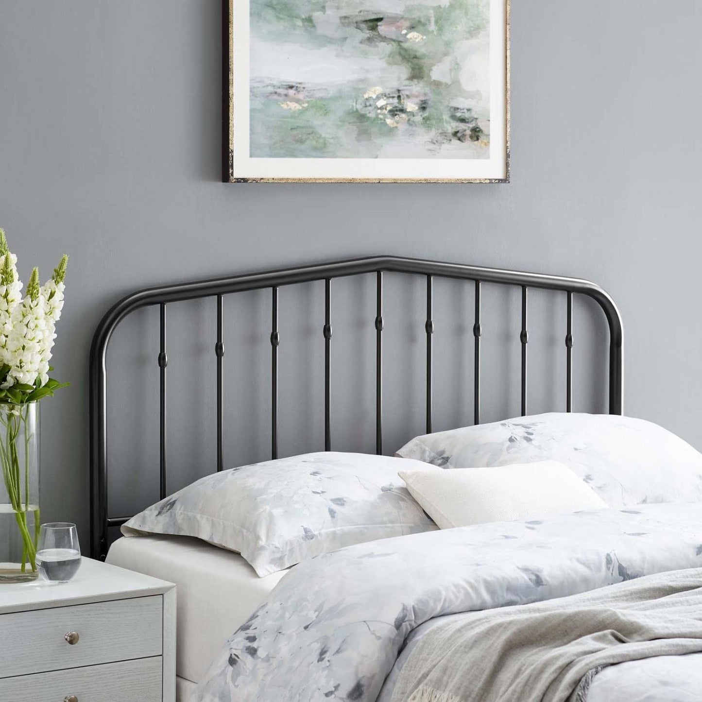 Bed | CasaFoyer Lennon Metal Queen Headboard | Cottage Farmhouse Design | Sleek Silhouette | Trendy Spindles | Durable Iron | Powder-Coated Finish | 7 Mounting Positions | casafoyer.myshopify.com