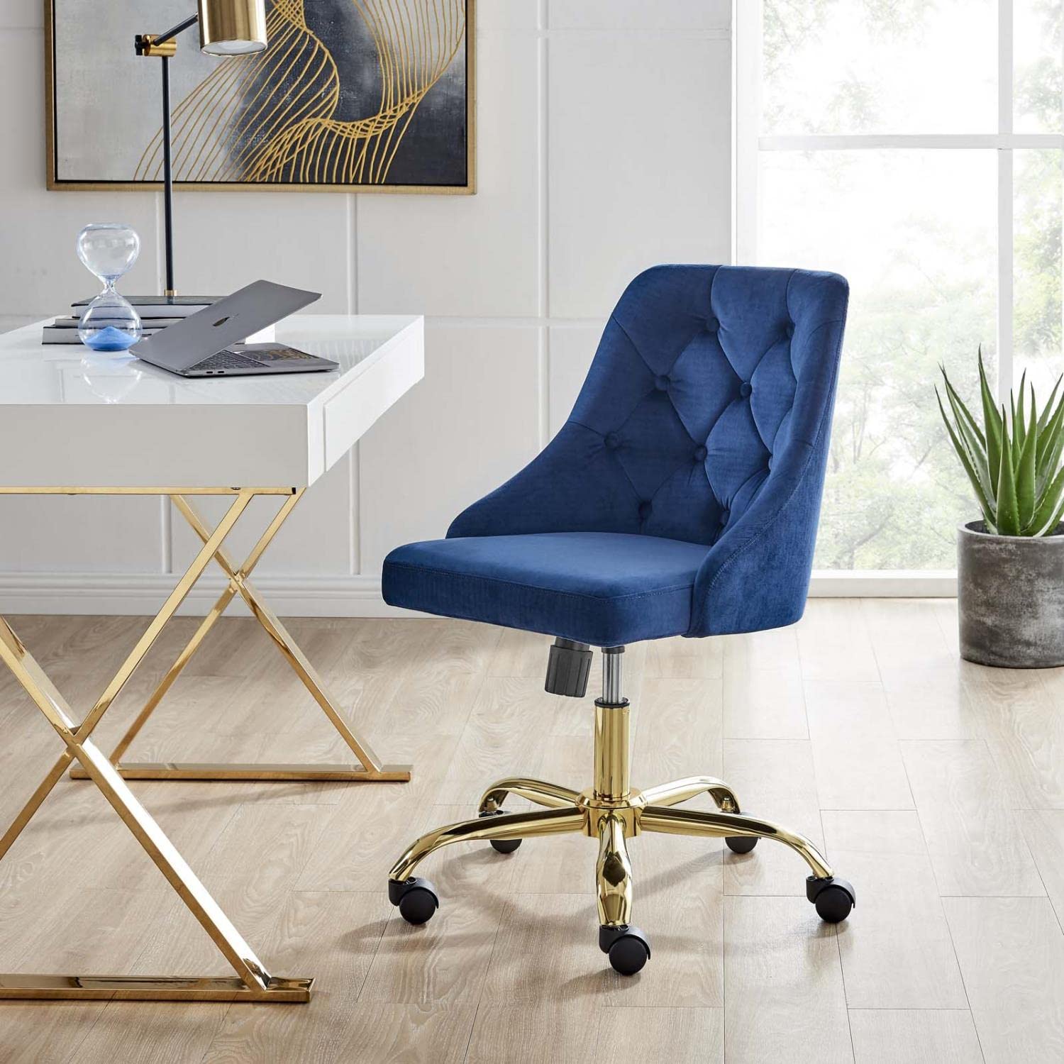 home office desk chairs | CasaFoyer Distinct Tufted Performance Velvet Office Chair | Gold Navy | Glam Deco Style | Stain-Resistant | 360 Swivel | Pneumatic Height Adjustment | 220 lbs Capacity | casafoyer.myshopify.com