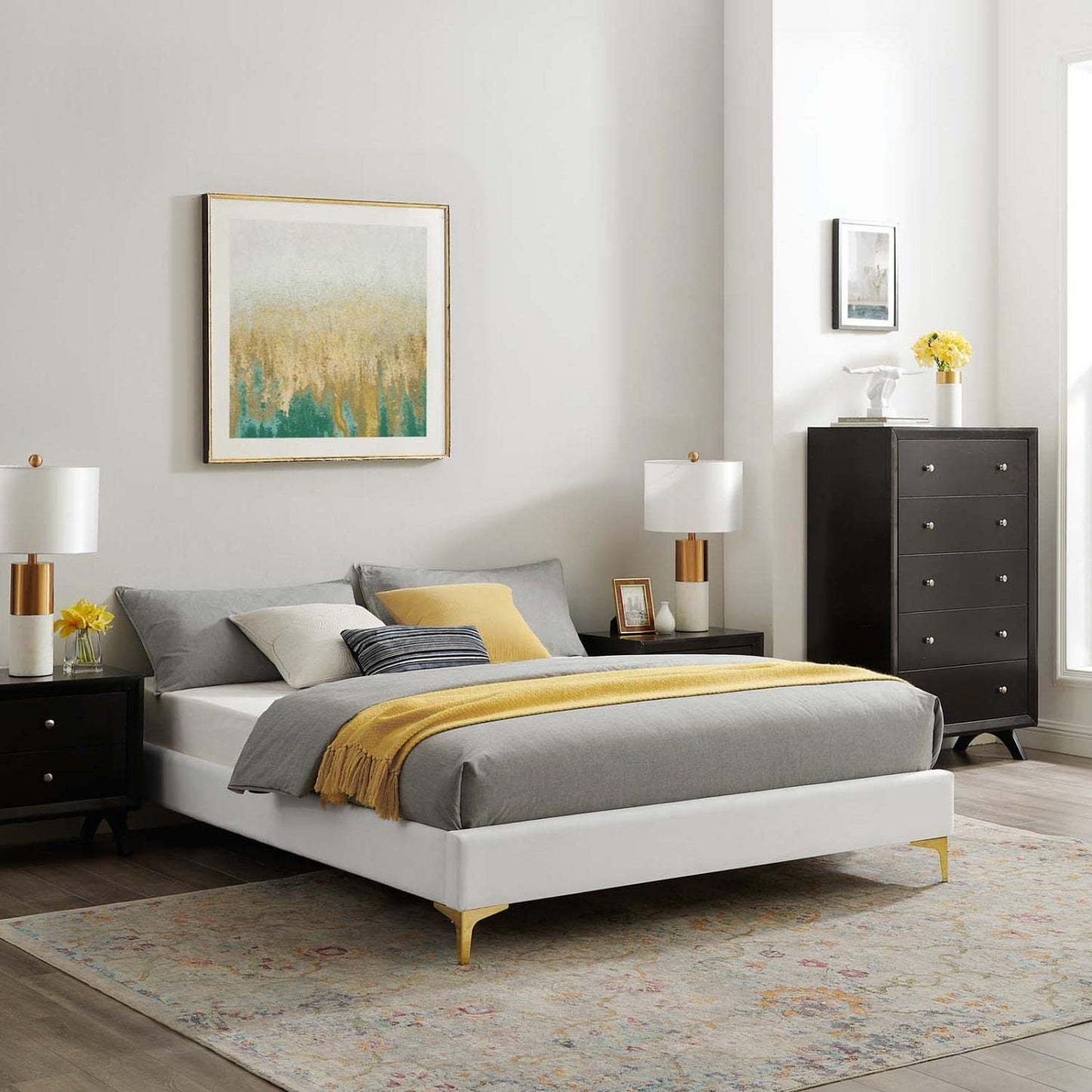 bed frames | CasaFoyer Sutton Performance Velvet Queen Bed Frame | Stain-Resistant | Durable | Supports Memory Foam, Innerspring, Latex, Hybrid Mattresses | Gold Metal Legs | Reinforced Center Beam | Assembly Required | 800 lbs Weight Capacity | casafoyer.myshopify.com