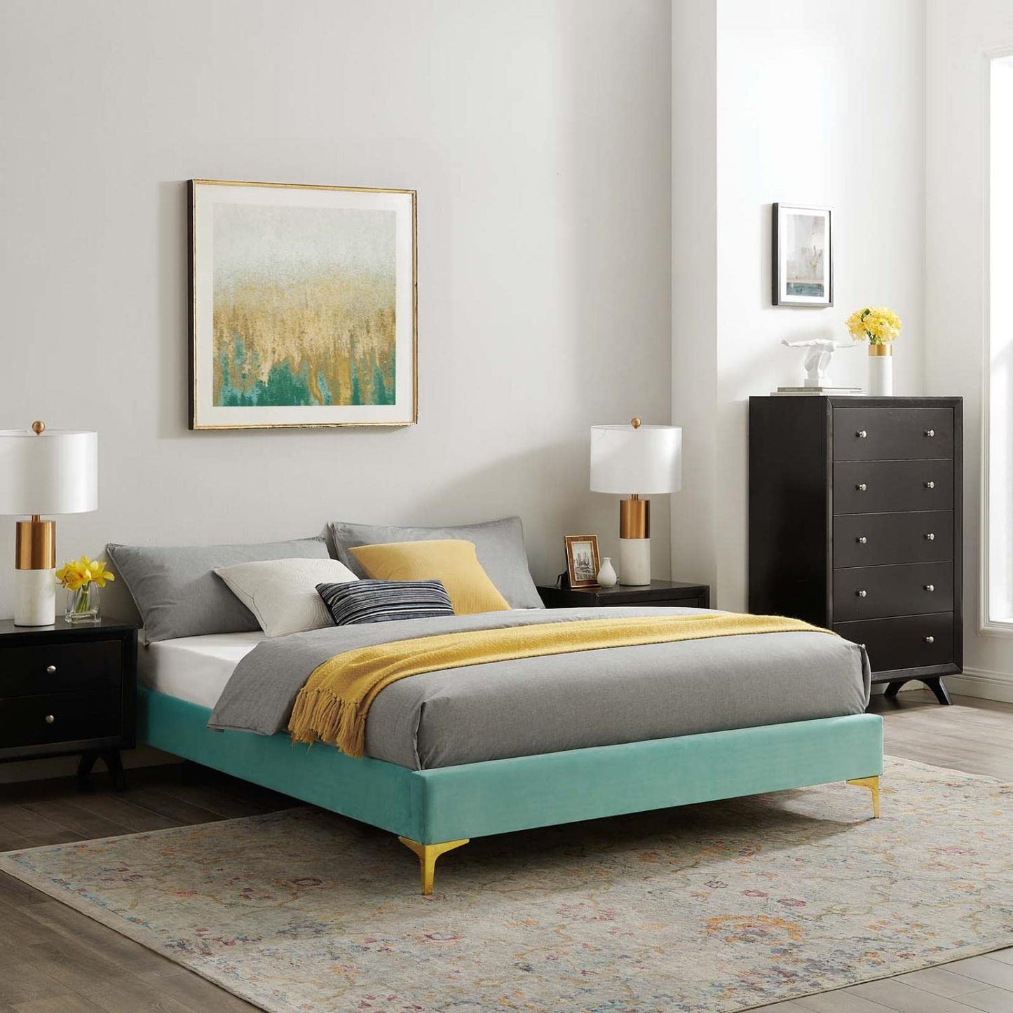 Bed | CasaFoyer Sutton Performance Velvet King Bed Frame | Stain-Resistant | Durable | Supports Memory Foam, Innerspring, Latex, and Hybrid Mattresses | No Box Spring Needed | Gold Metal Legs | 800 lbs Weight Capacity | casafoyer.myshopify.com