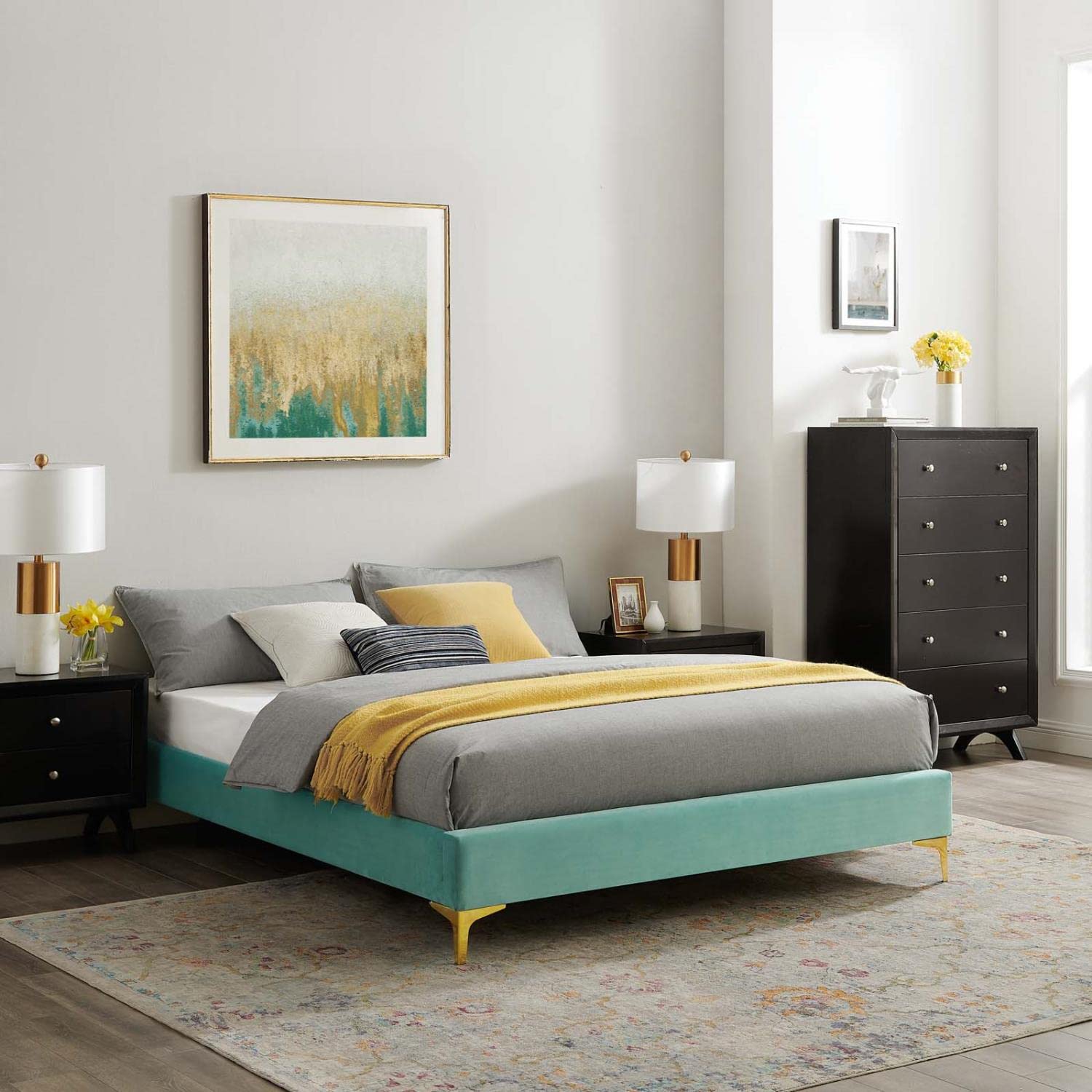 Bed | CasaFoyer Sutton Performance Velvet King Bed Frame | Stain-Resistant | Durable | Supports Memory Foam, Innerspring, Latex, and Hybrid Mattresses | No Box Spring Needed | Gold Metal Legs | 800 lbs Weight Capacity | casafoyer.myshopify.com