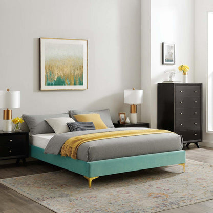 Bed | CasaFoyer Sutton Performance Velvet King Bed Frame | Stain-Resistant | Durable | Supports Memory Foam, Innerspring, Latex, and Hybrid Mattresses | No Box Spring Needed | Gold Metal Legs | 800 lbs Weight Capacity | casafoyer.myshopify.com