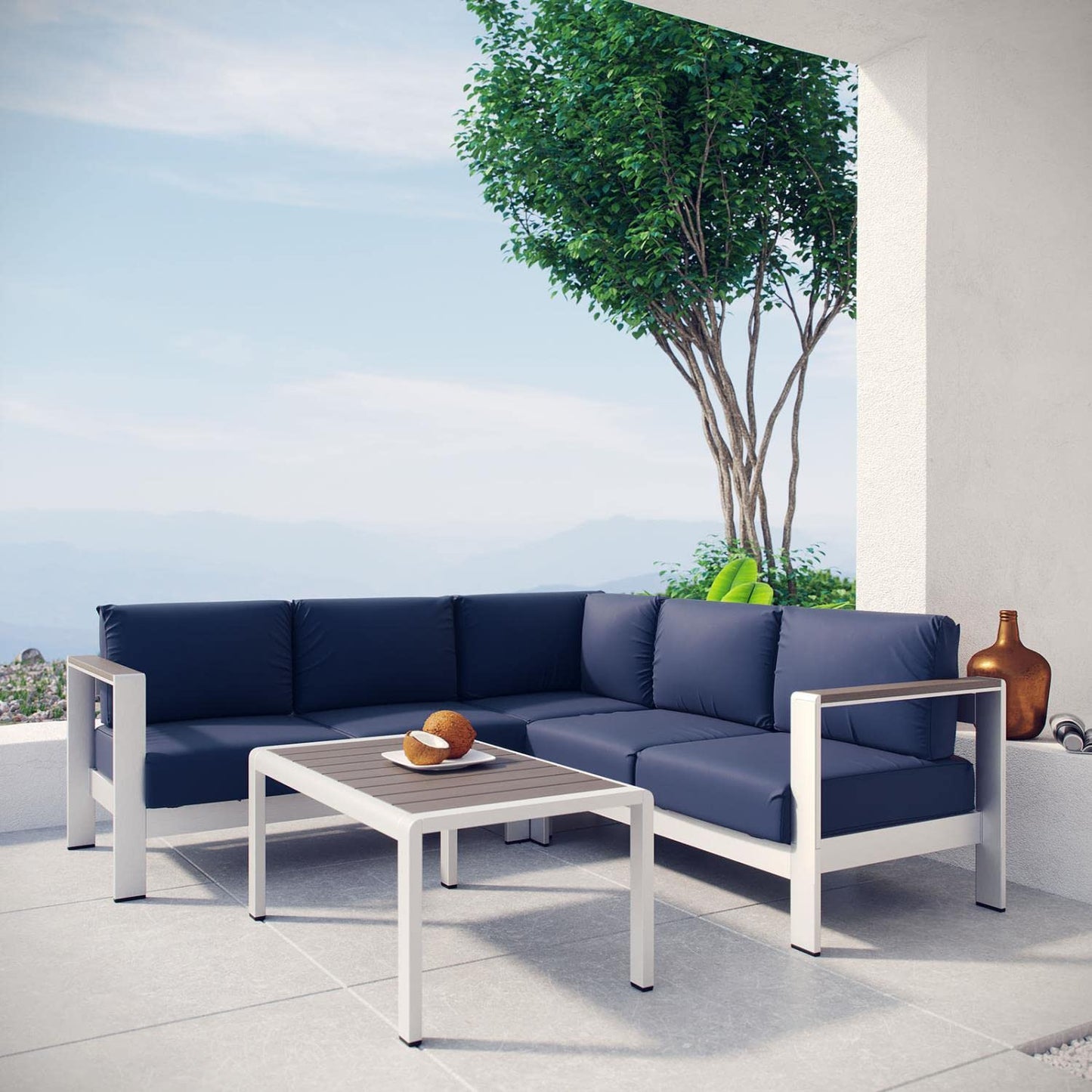 kitchen and dining room sets | CasaFoyer Shore Outdoor Patio Collection | Aluminum Sectional Sofa Set | Sturdy & Weather Resistant | Includes Coffee Table | Silver Navy | casafoyer.myshopify.com
