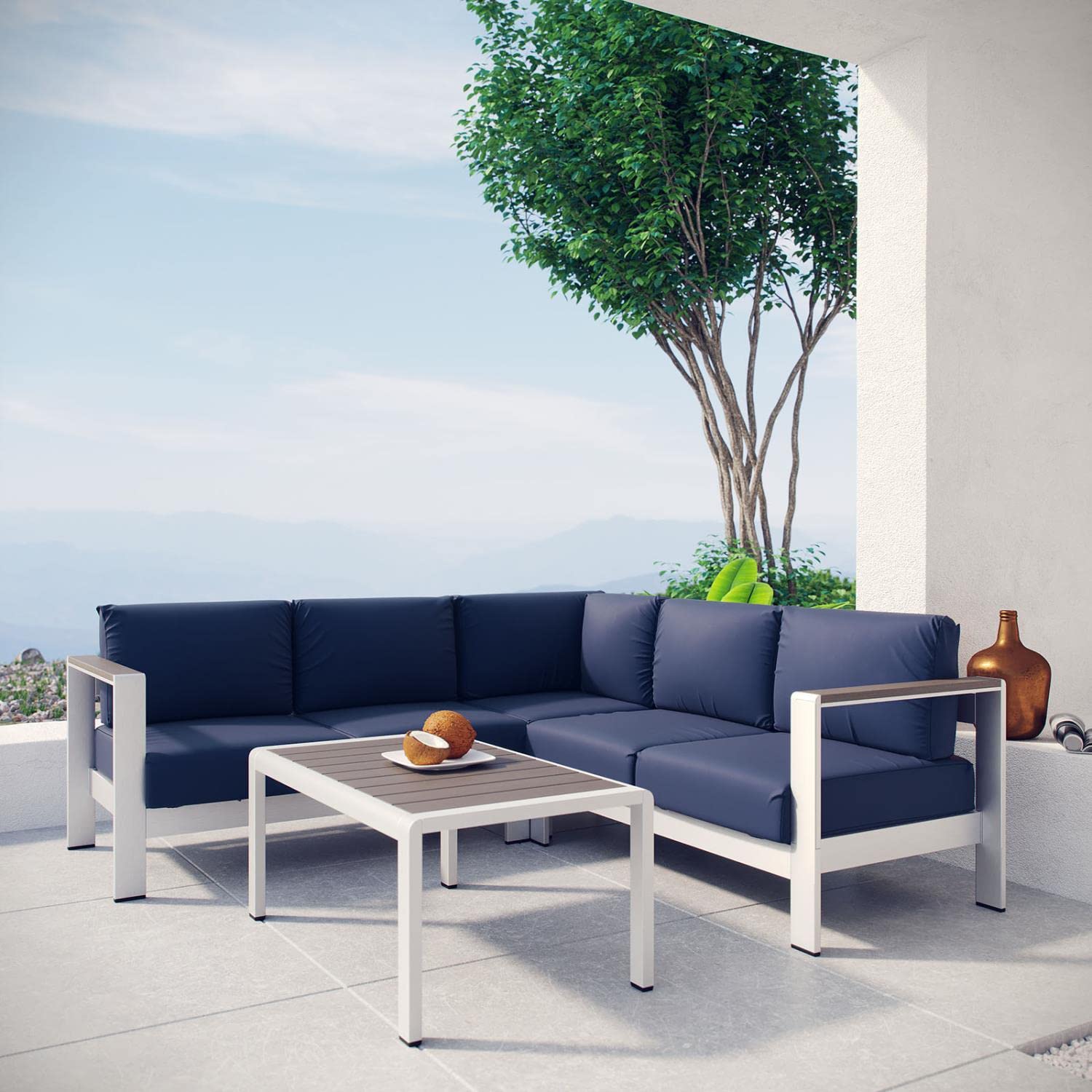 kitchen and dining room sets | CasaFoyer Shore Outdoor Patio Collection | Aluminum Sectional Sofa Set | Sturdy & Weather Resistant | Includes Coffee Table | Silver Navy | casafoyer.myshopify.com