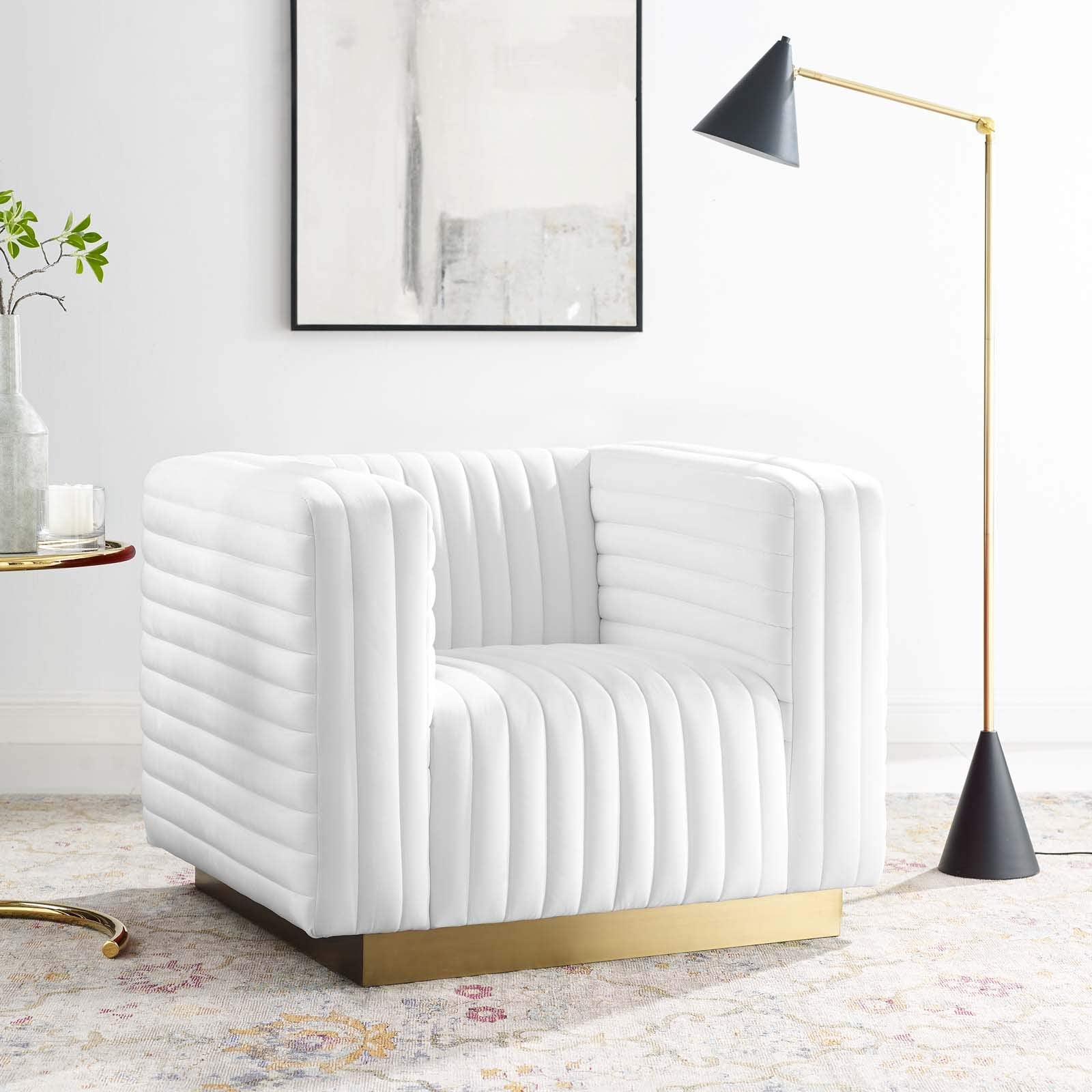 home office desk chairs | CasaFoyer Charisma Channel Tufted Performance Velvet Lounge Armchair | Glamorous Deco Design | Stain-Resistant Fabric | Foam Padding | Gold Stainless Steel Base | Fully Assembled | casafoyer.myshopify.com